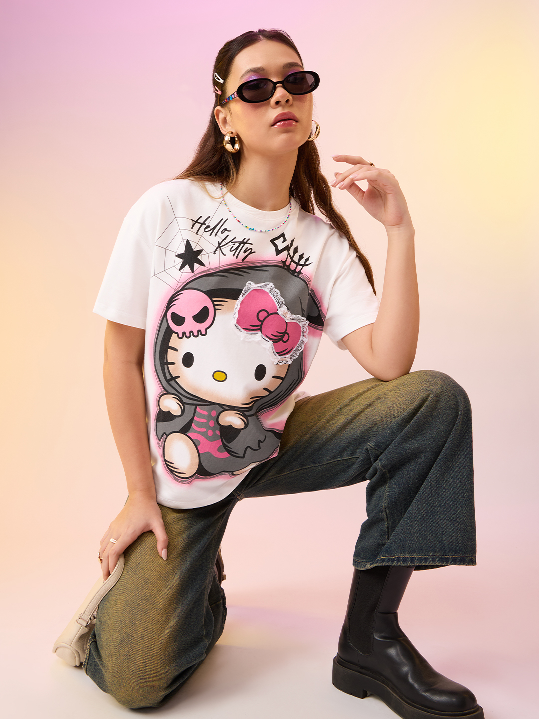 Hello Kitty Spooky Cute Graphic Oversized White T-Shirt