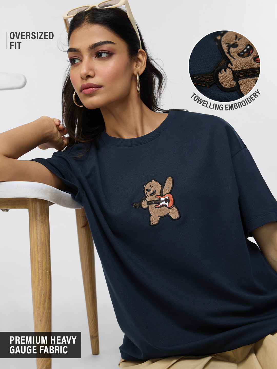 Navy Blue Oversized Cotton T-Shirt with Embroidered Bear