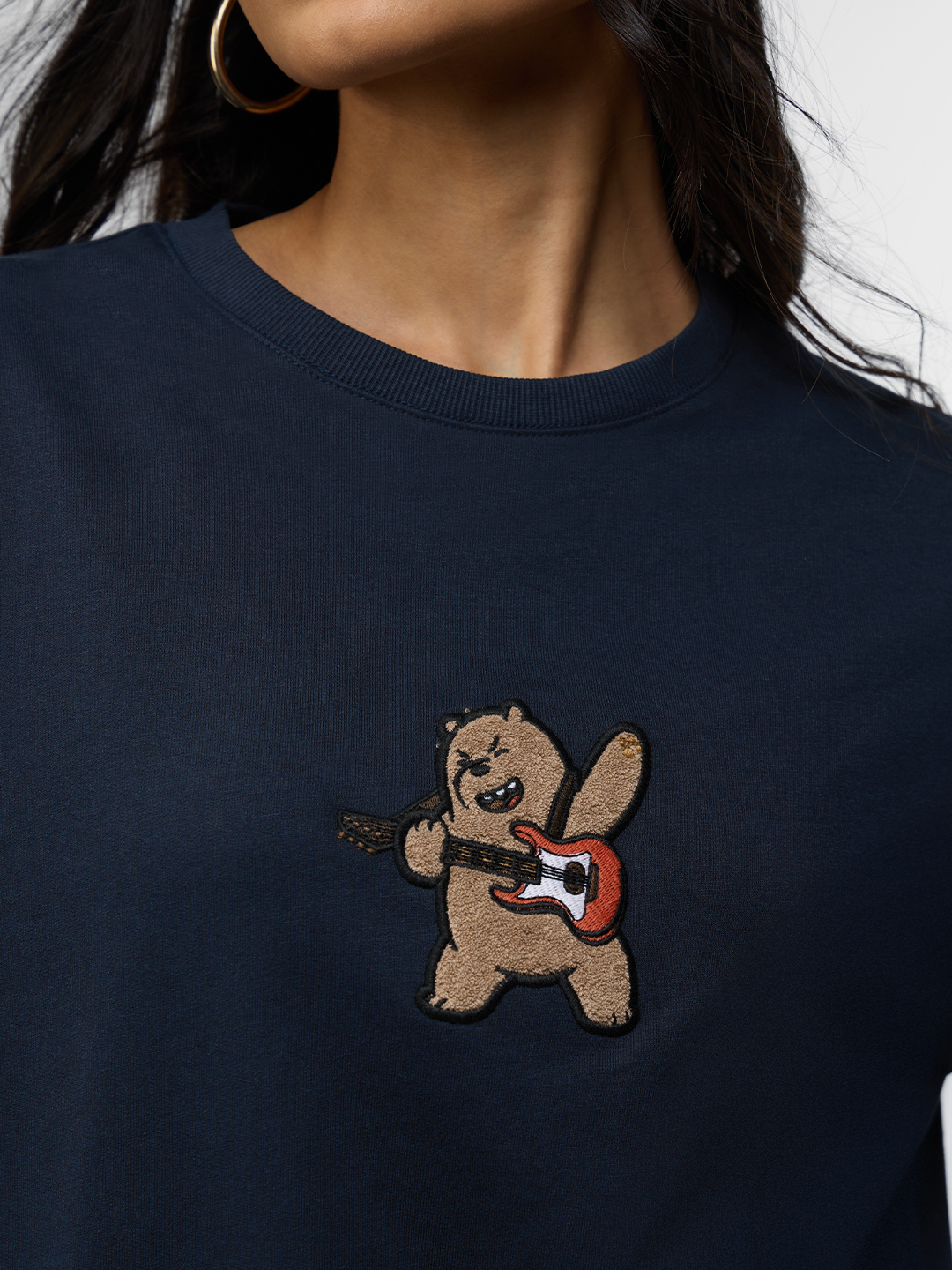 Navy Blue Oversized Cotton T-Shirt with Embroidered Bear