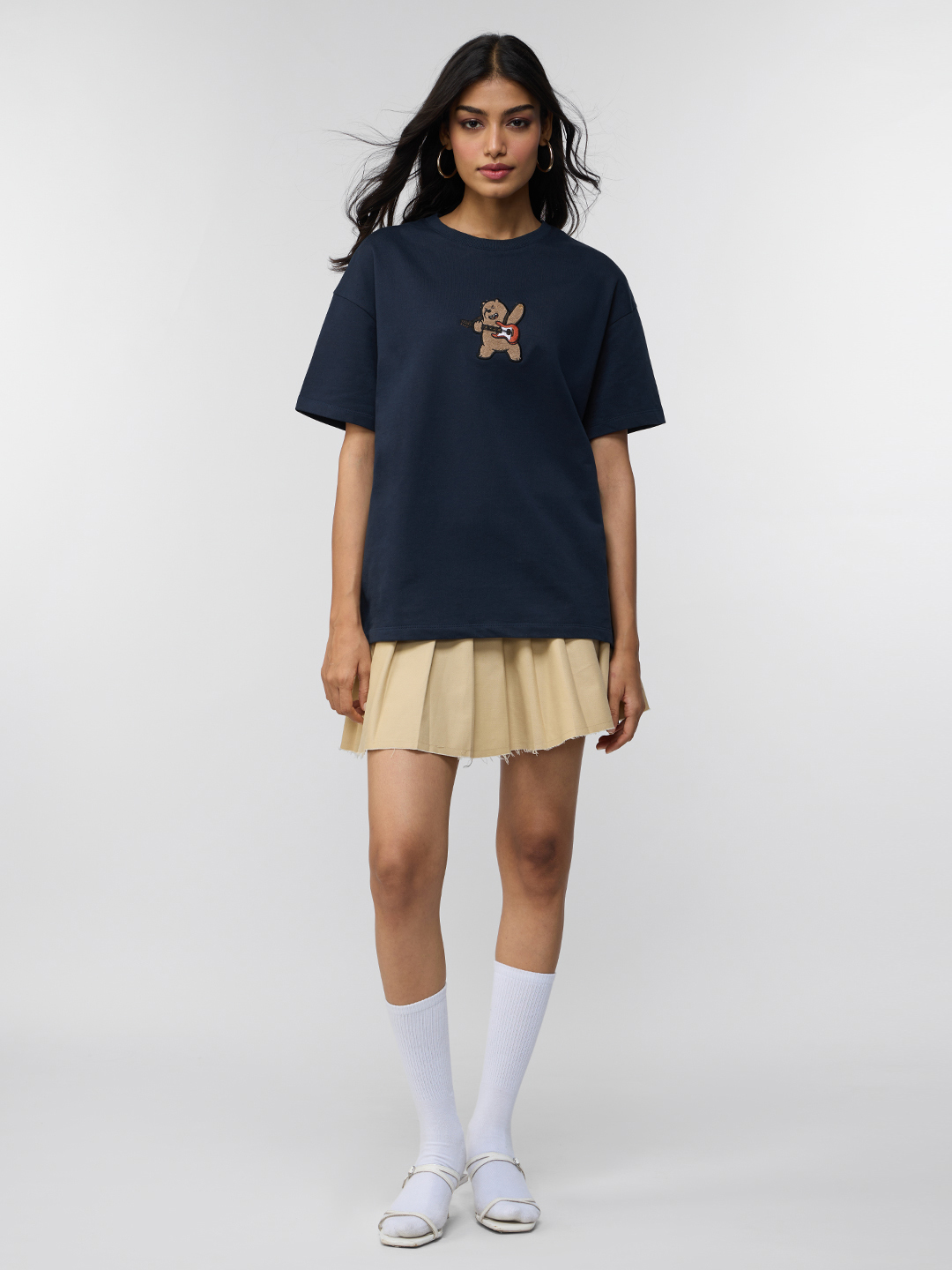 Navy Blue Oversized Cotton T-Shirt with Embroidered Bear