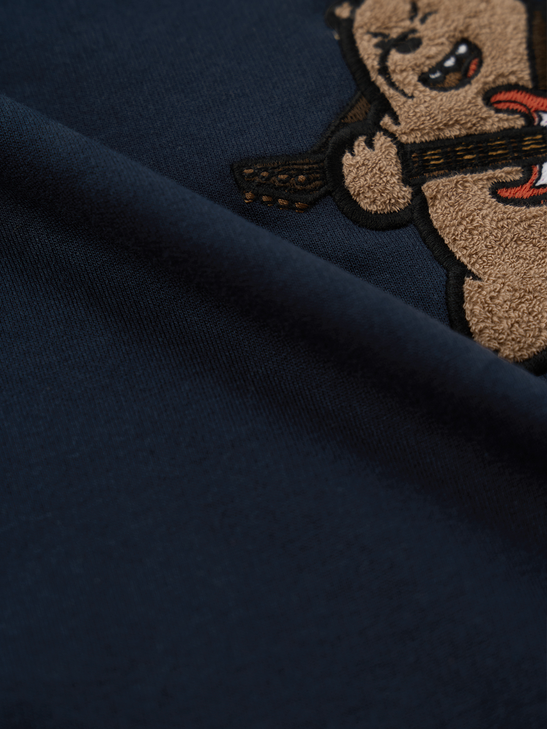 Navy Blue Oversized Cotton T-Shirt with Embroidered Bear