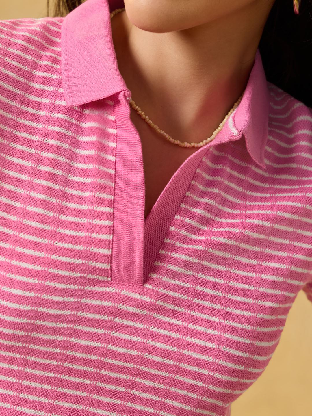 Pink Striped Slim Fit Cotton Polo T-Shirt
