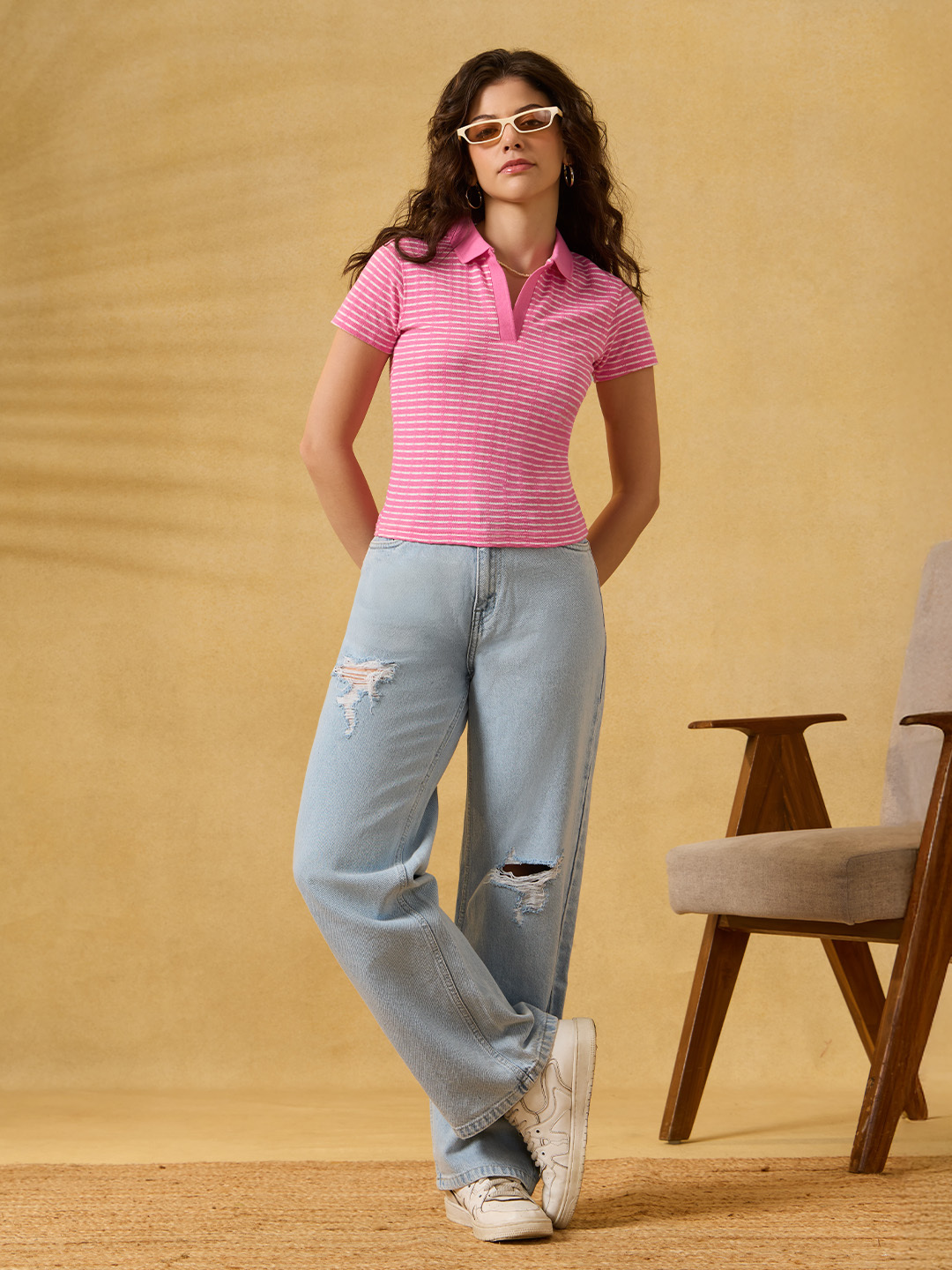 Pink Striped Slim Fit Cotton Polo T-Shirt
