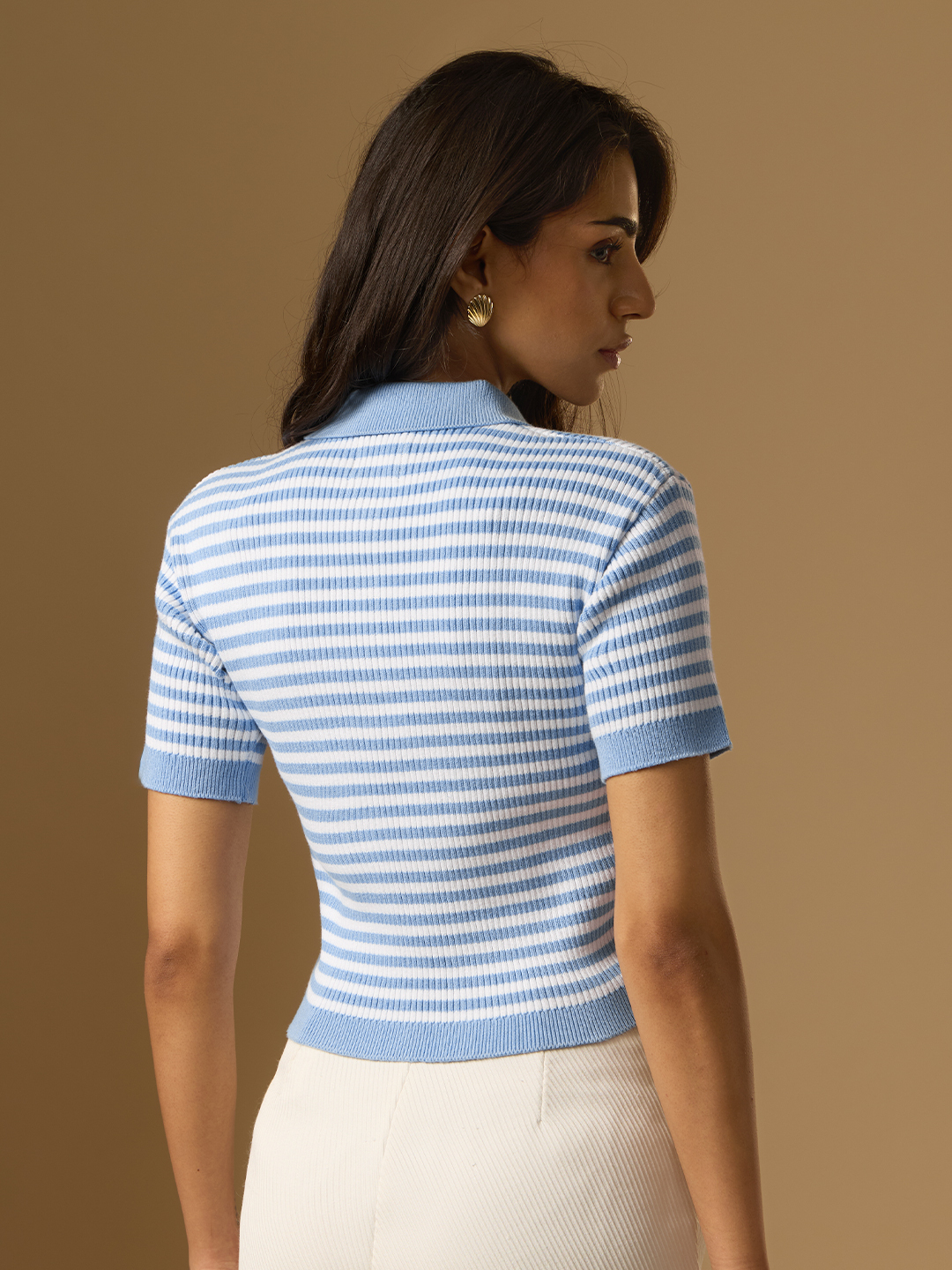 Blue Striped Cropped Polo T-Shirt