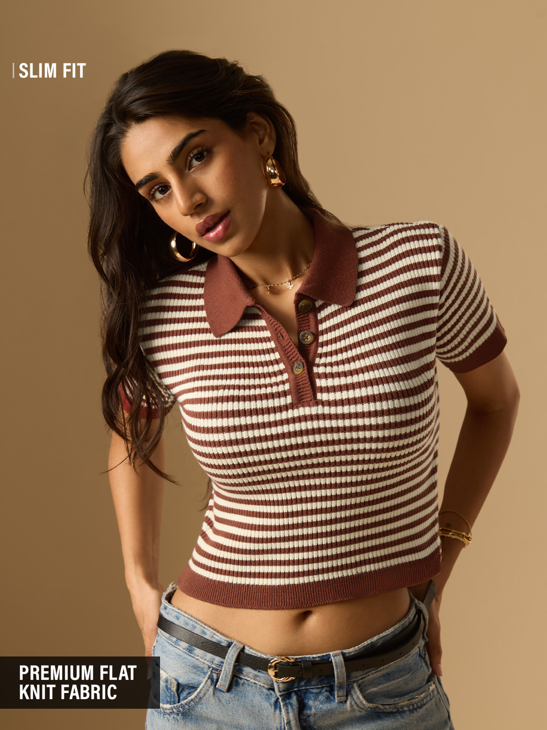Brown Striped Crop Cotton Knit Polo T-Shirt