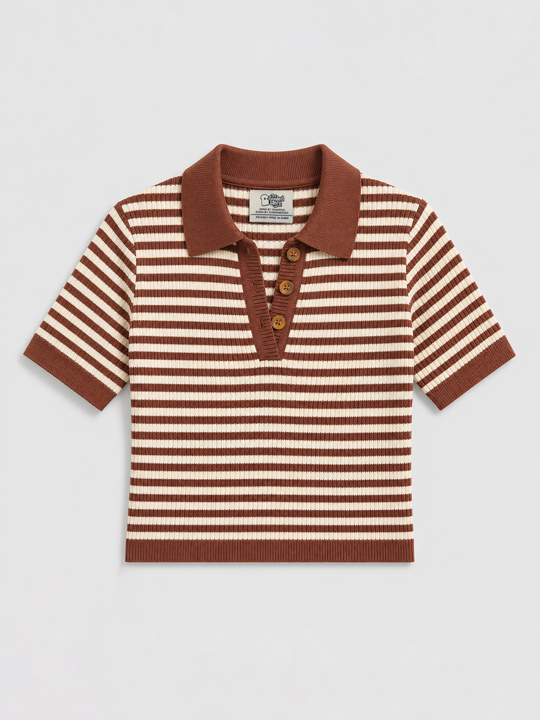Brown Striped Crop Cotton Knit Polo T-Shirt