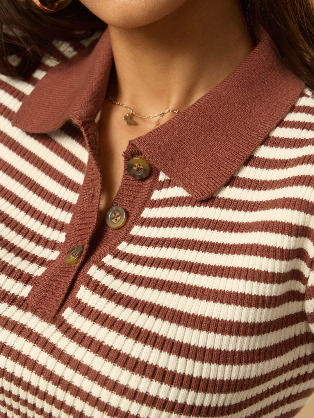 Brown Striped Crop Cotton Knit Polo T-Shirt
