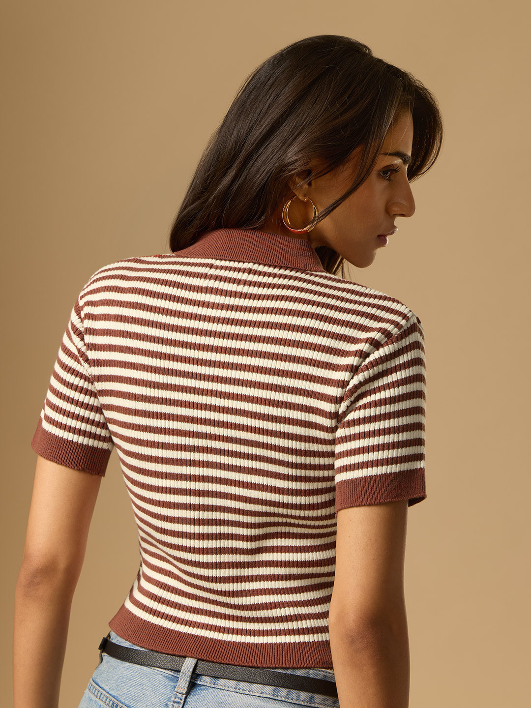 Brown Striped Crop Cotton Knit Polo T-Shirt