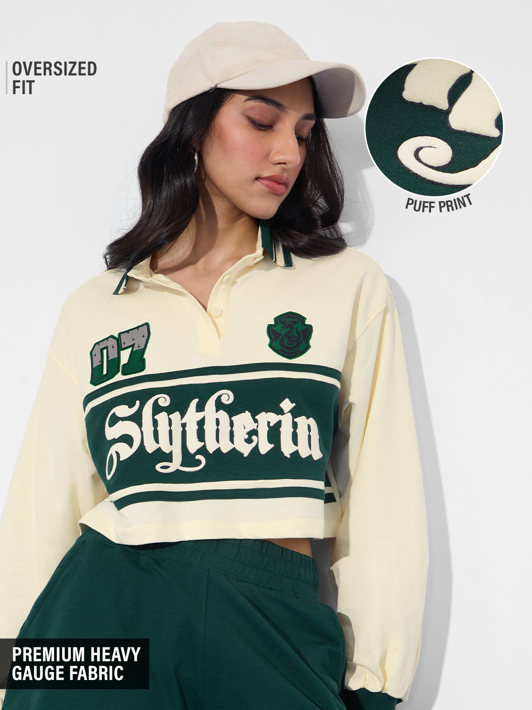 Slytherin House Crest Polo Crop Top with Long Sleeve