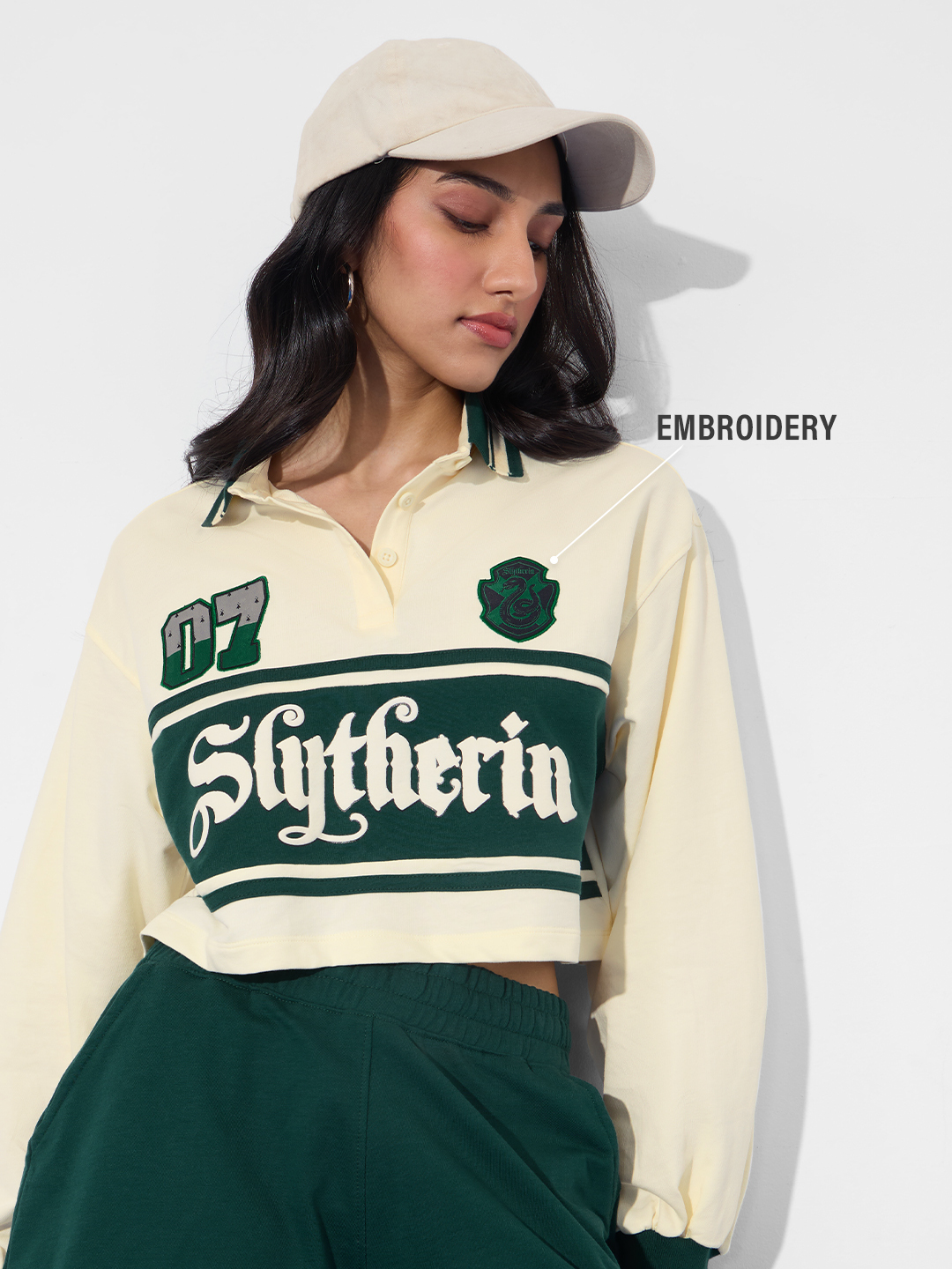 Slytherin House Crest Polo Crop Top with Long Sleeve