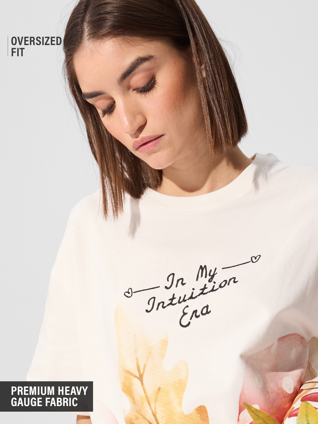 White Printed Round Neck Oversized T-Shirt