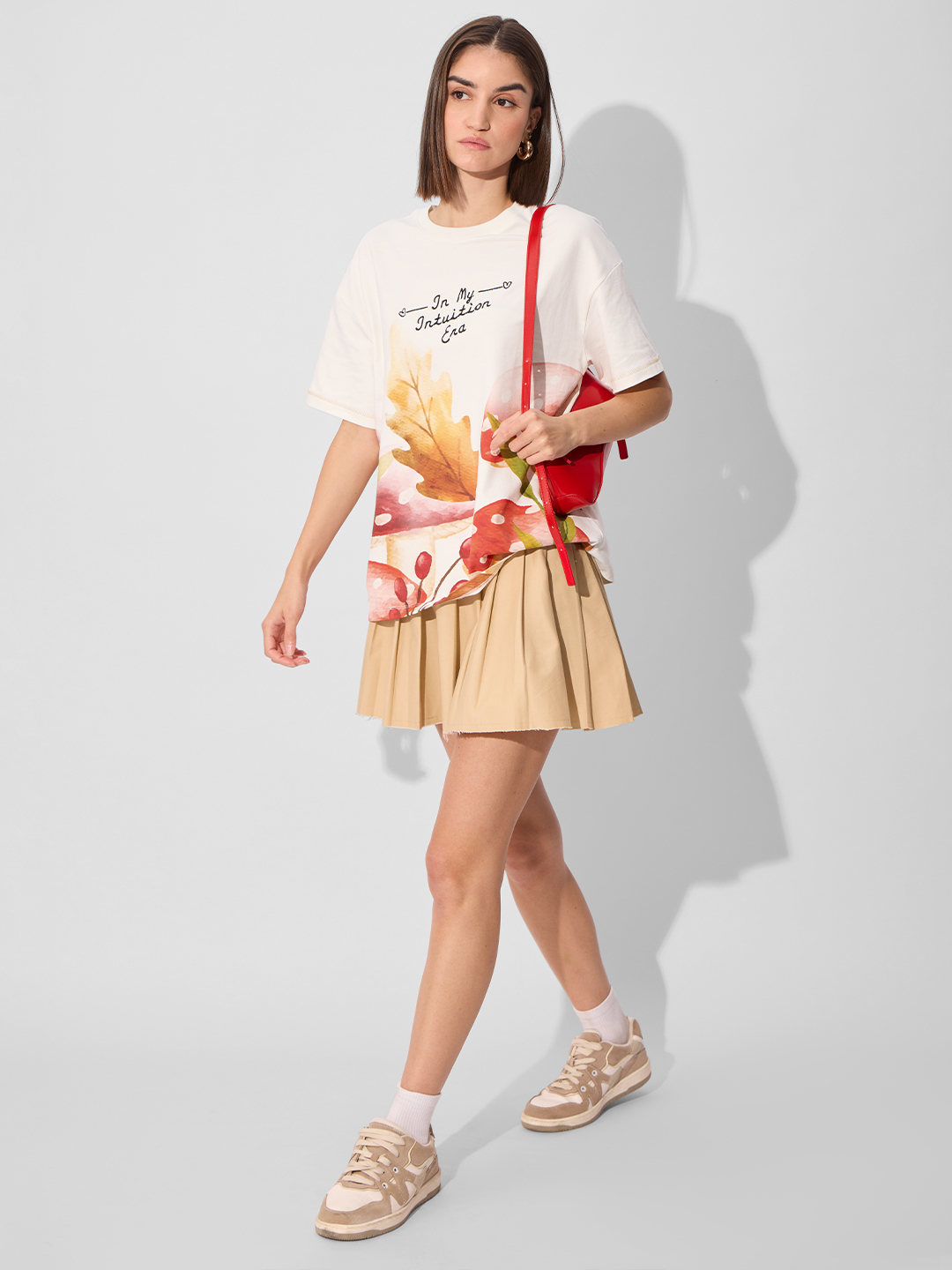 White Printed Round Neck Oversized T-Shirt