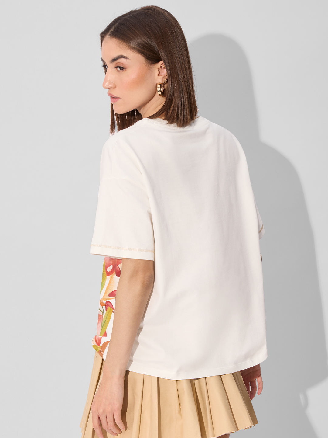 White Printed Round Neck Oversized T-Shirt