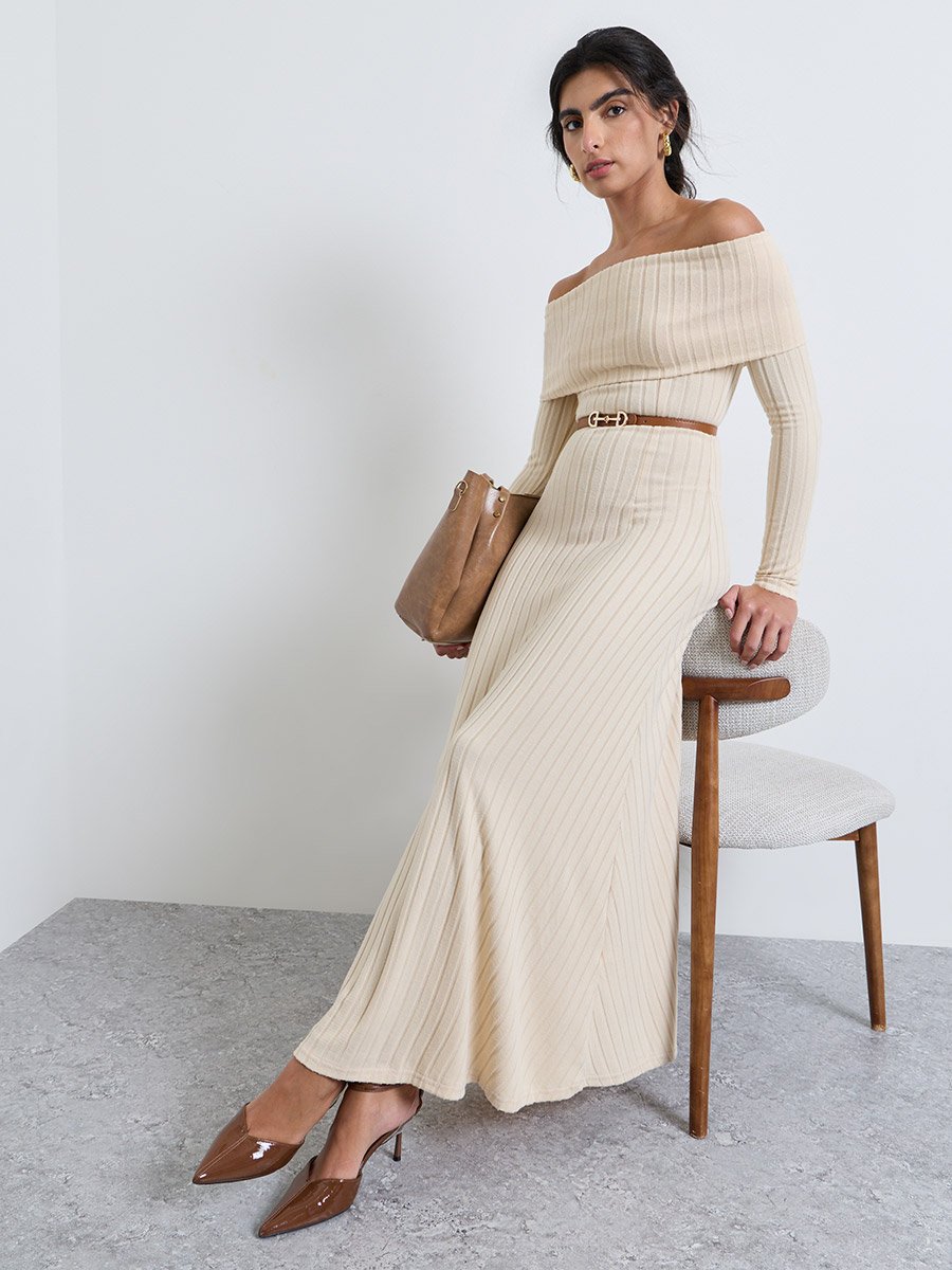 Cream Off Shoulder Ribbed Maxi Dress