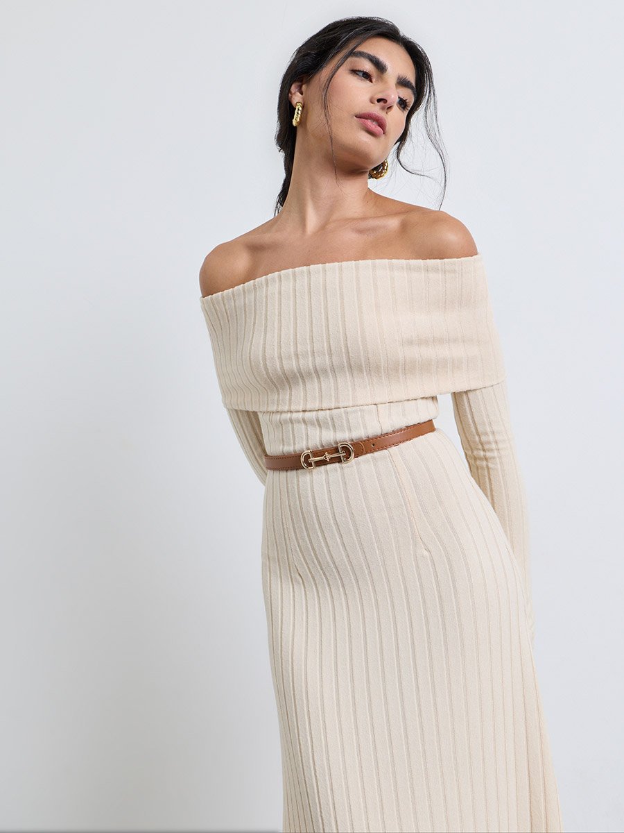 Cream Off Shoulder Ribbed Maxi Dress
