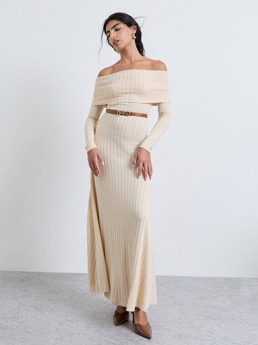 Cream Off Shoulder Ribbed Maxi Dress
