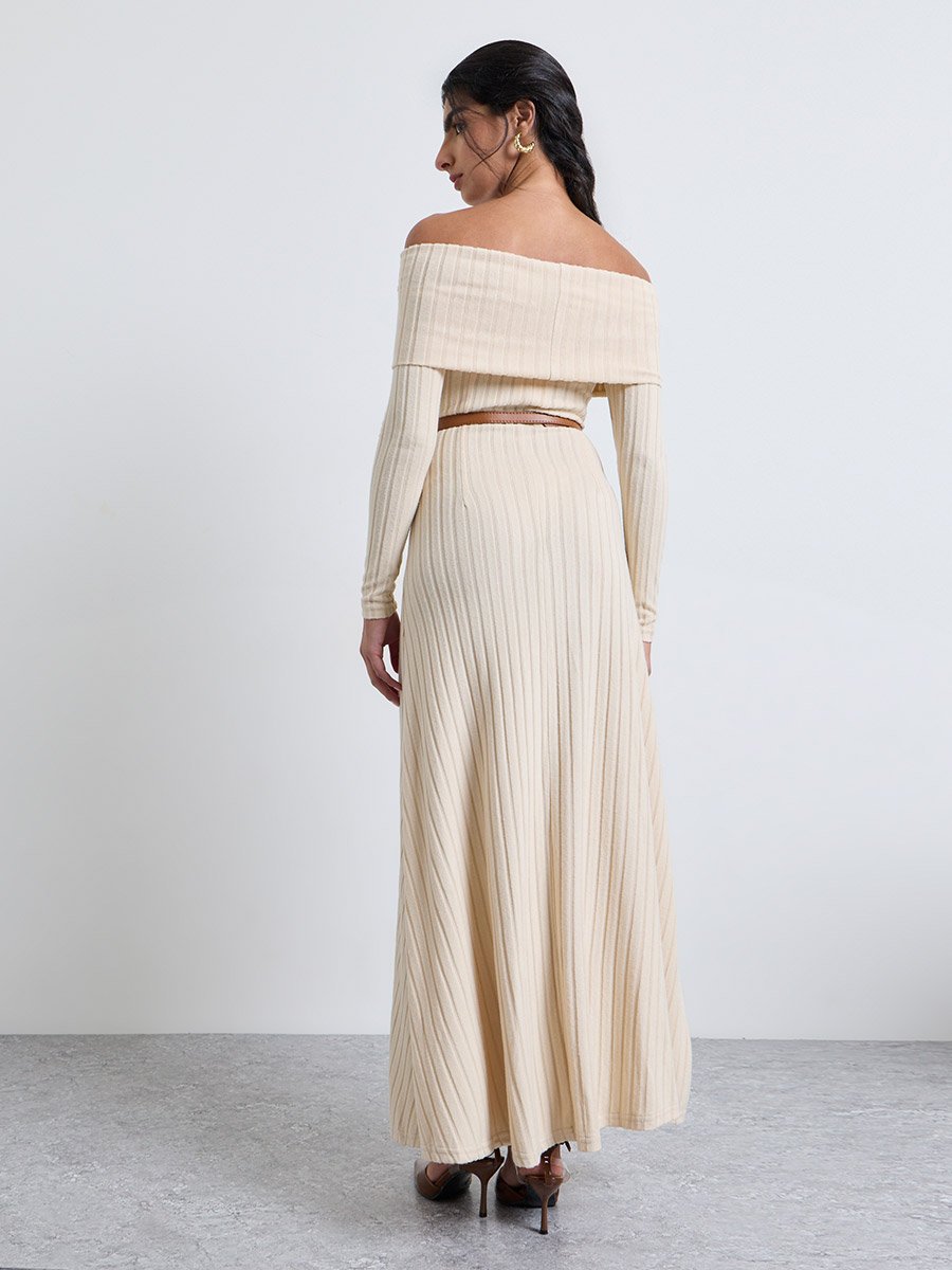 Cream Off Shoulder Ribbed Maxi Dress