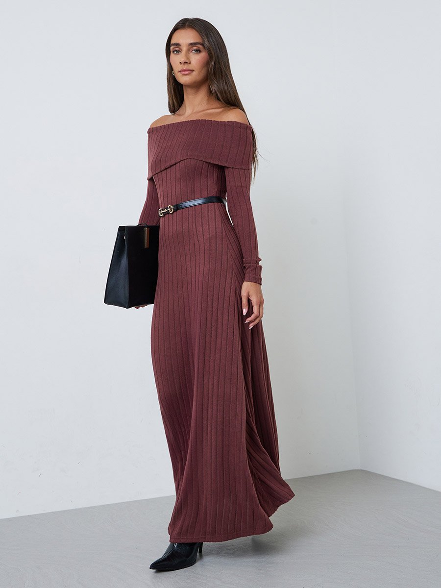 Burgundy Off Shoulder Ribbed Maxi Dress