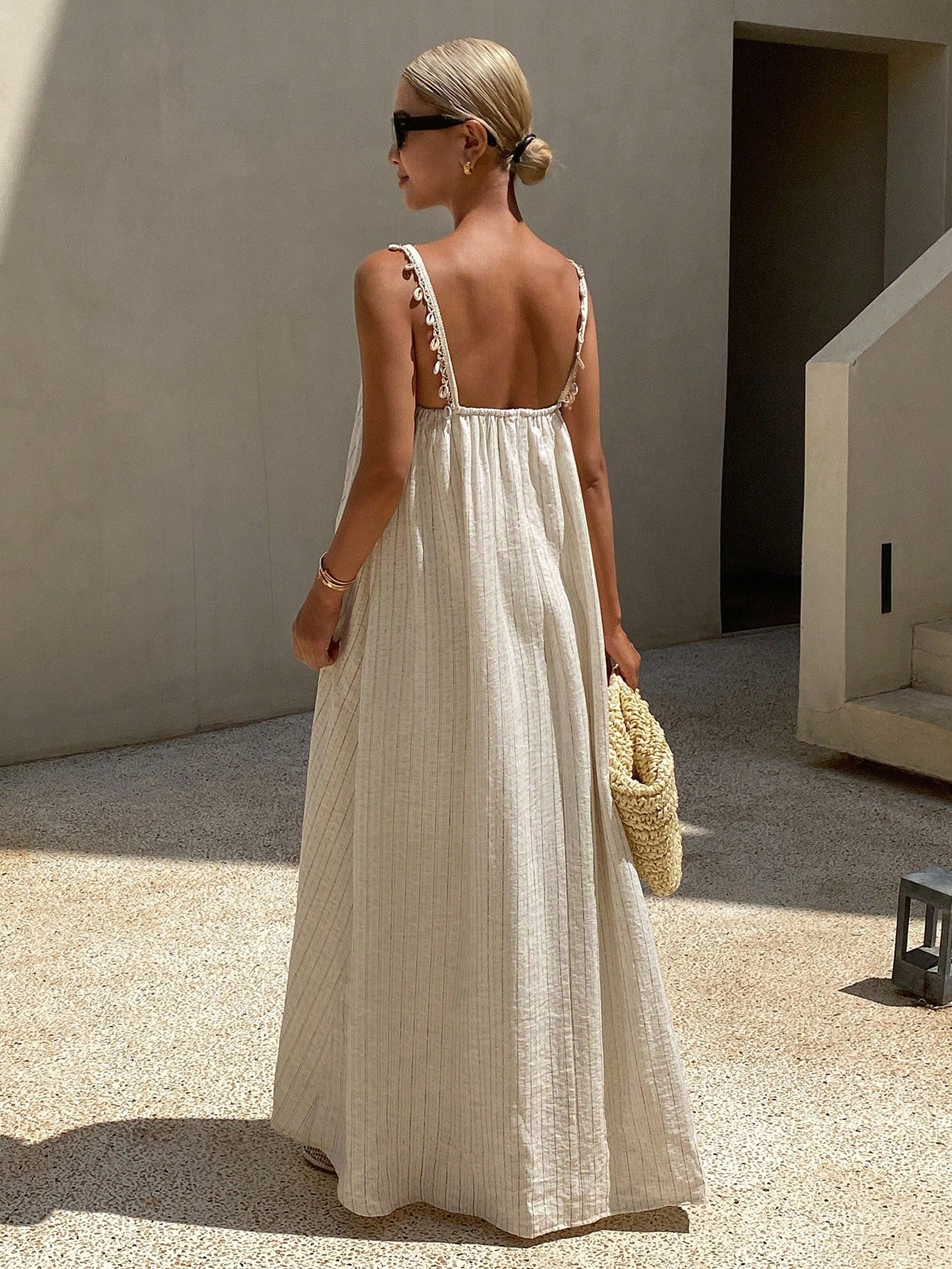 Beige Striped Sleeveless Maxi Dress