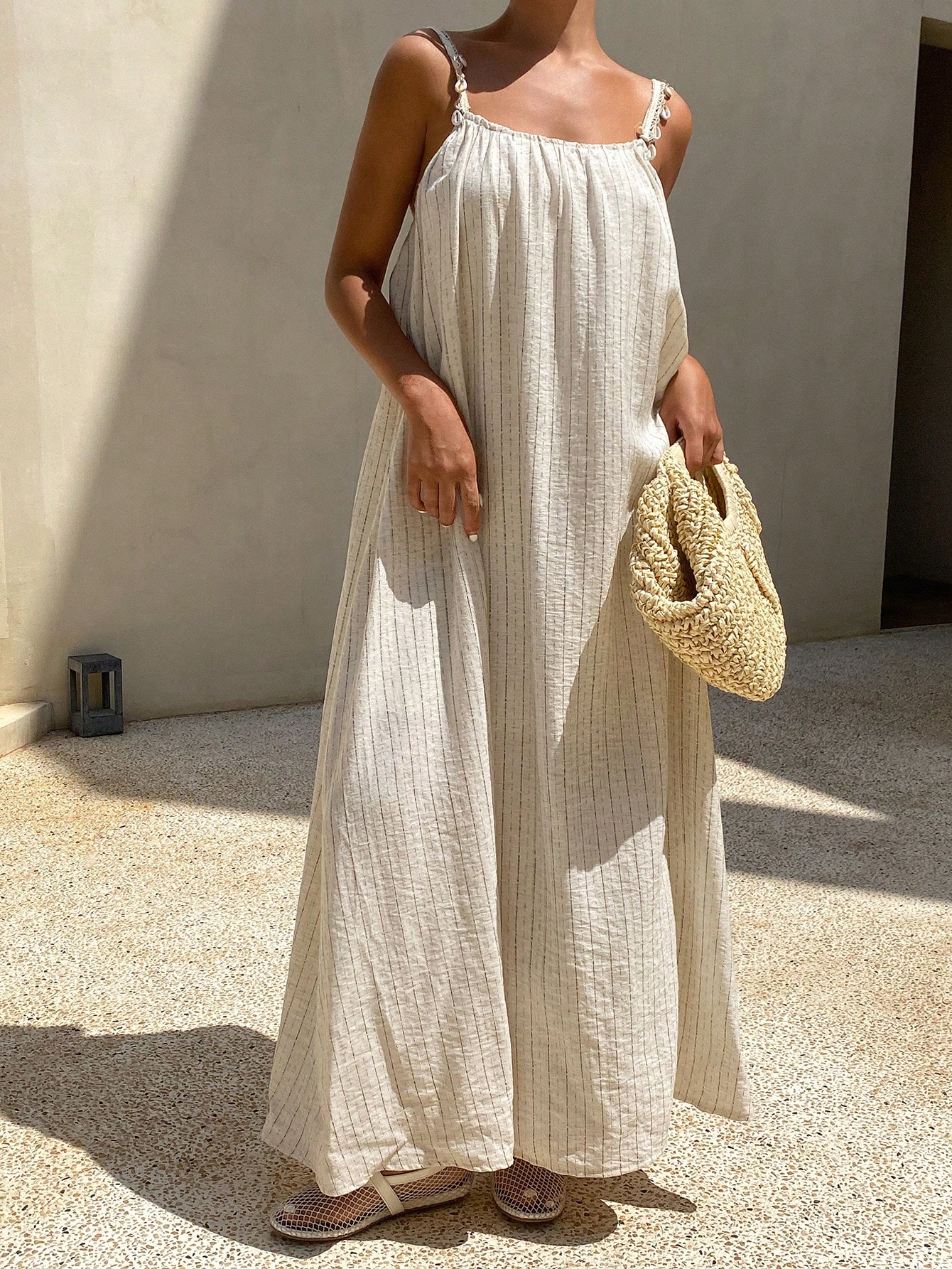 Beige Striped Sleeveless Maxi Dress