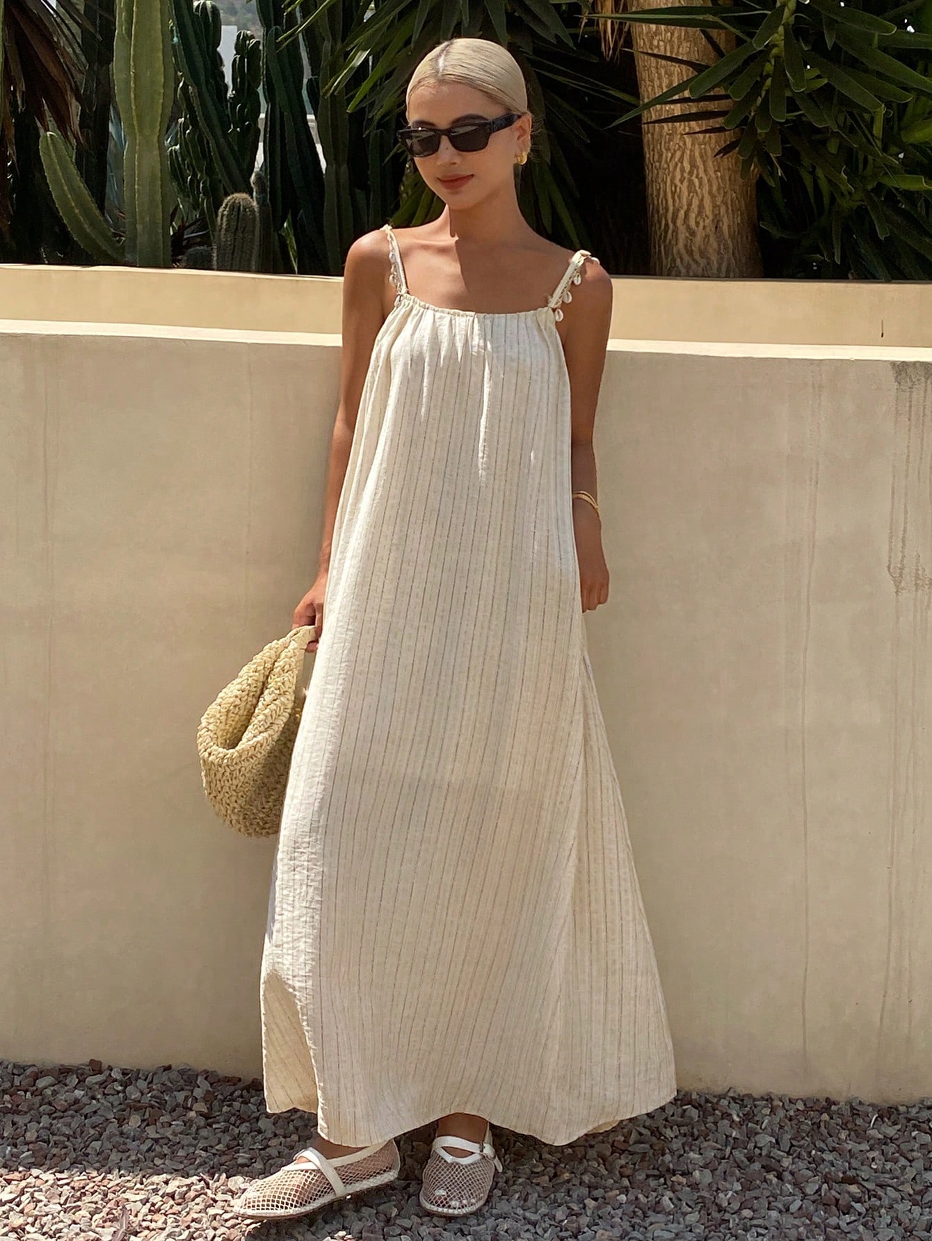 Beige Striped Sleeveless Maxi Dress