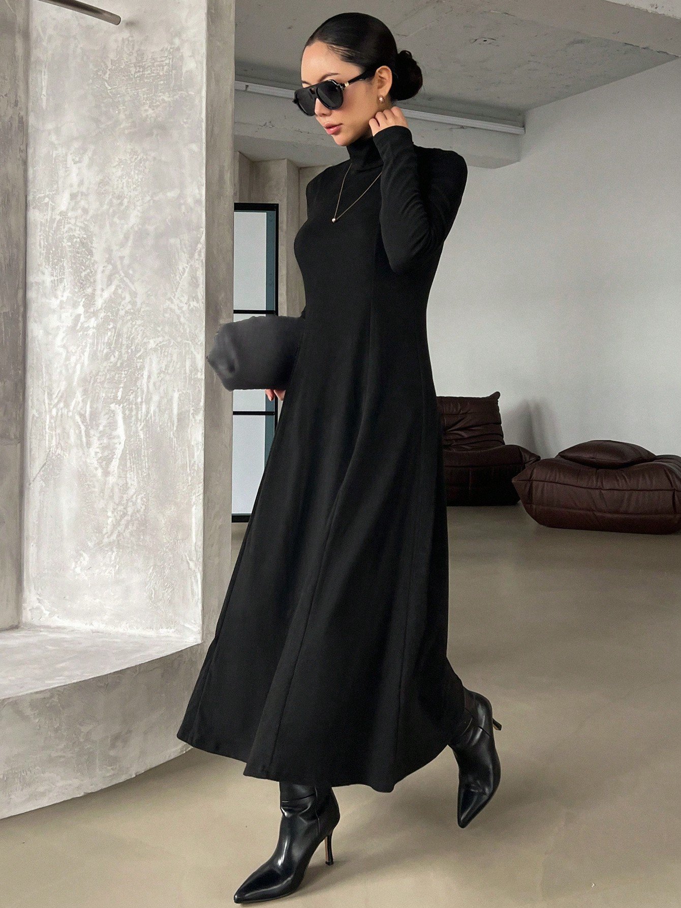 Black Maxi Fit and Flare Dress with Long Sleeves