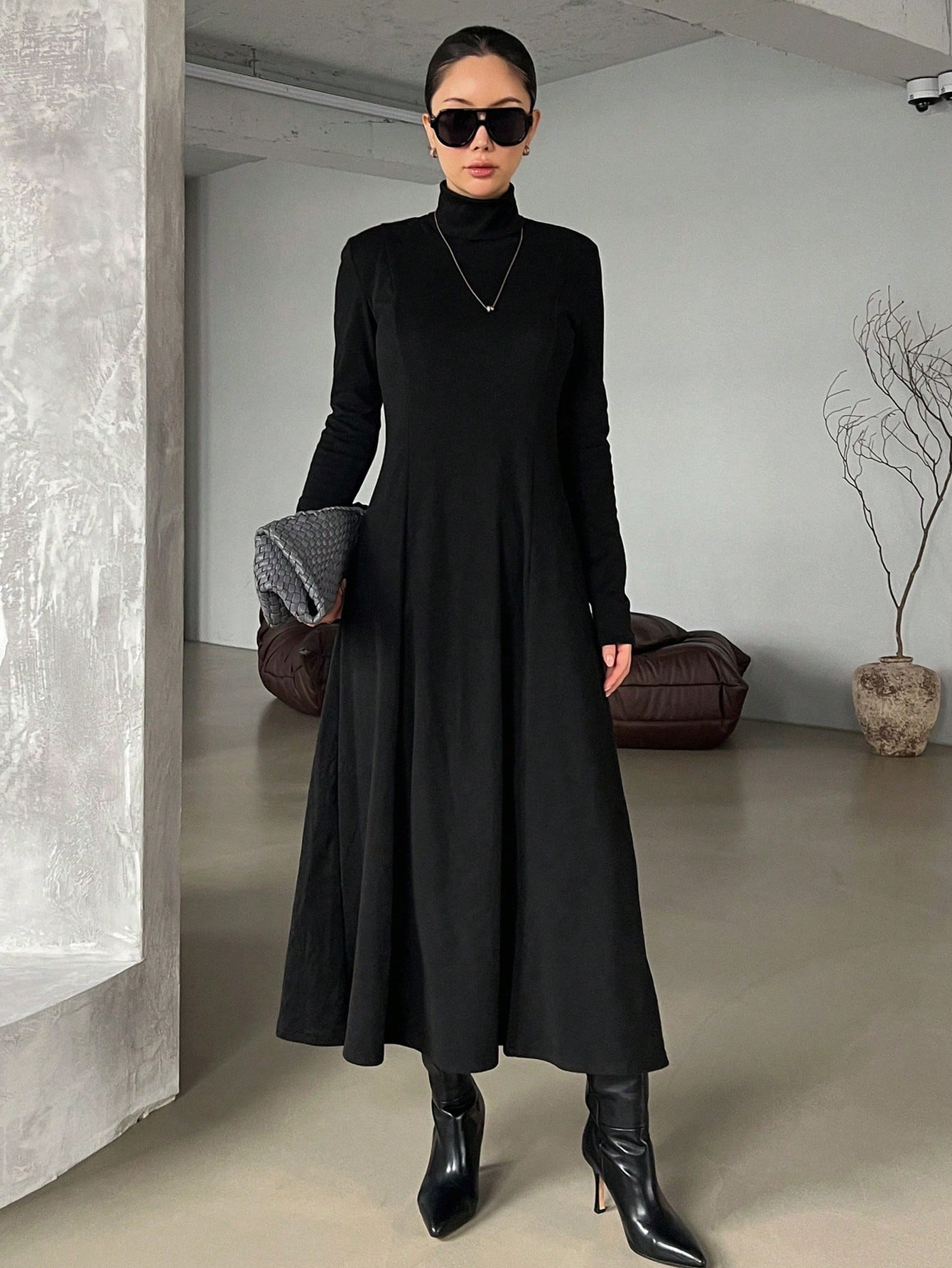 Black Maxi Fit and Flare Dress with Long Sleeves