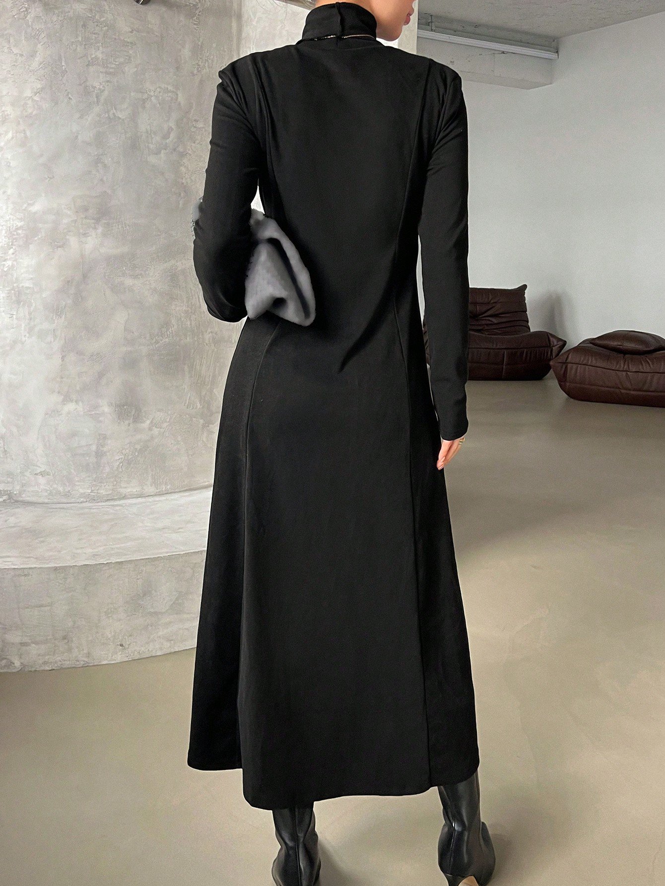 Black Maxi Fit and Flare Dress with Long Sleeves