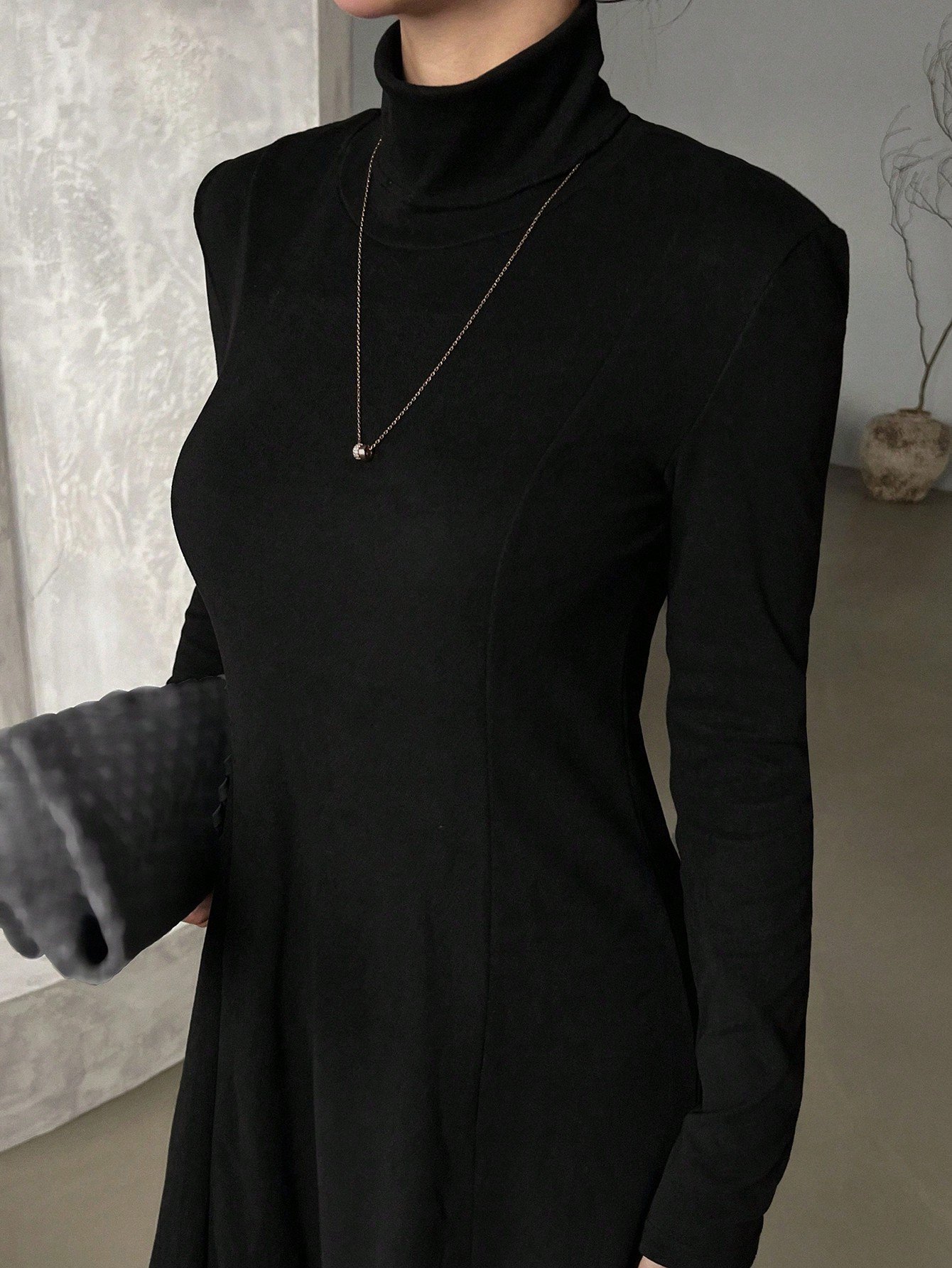 Black Maxi Fit and Flare Dress with Long Sleeves