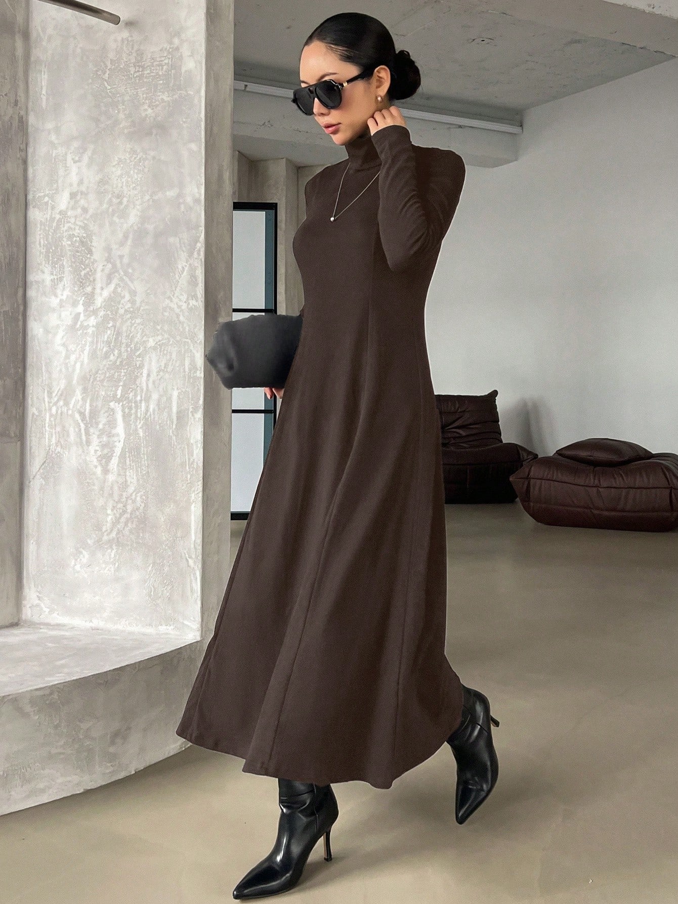 Coffee Brown Maxi Dress with Long Sleeves and Turtleneck