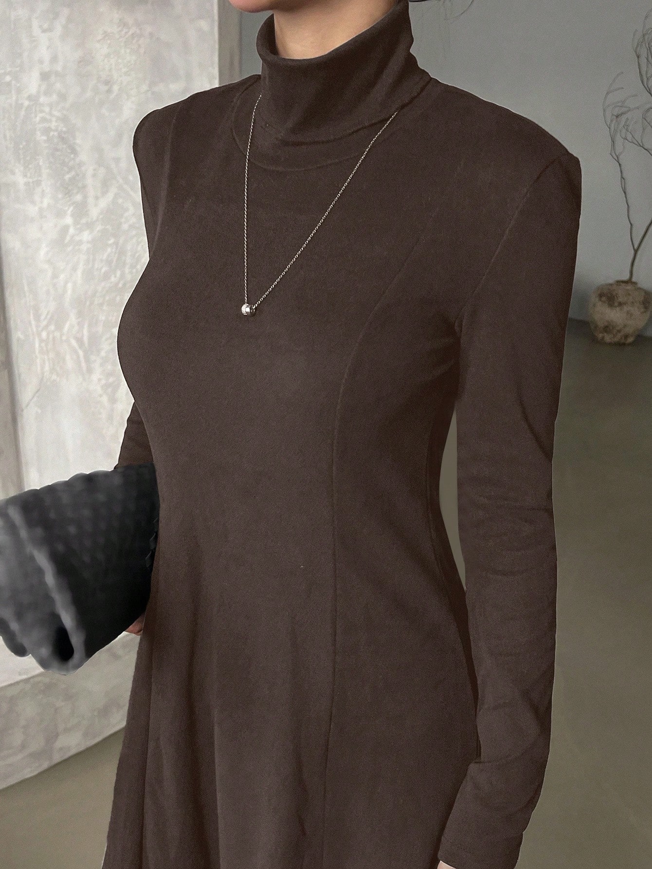 Coffee Brown Maxi Dress with Long Sleeves and Turtleneck