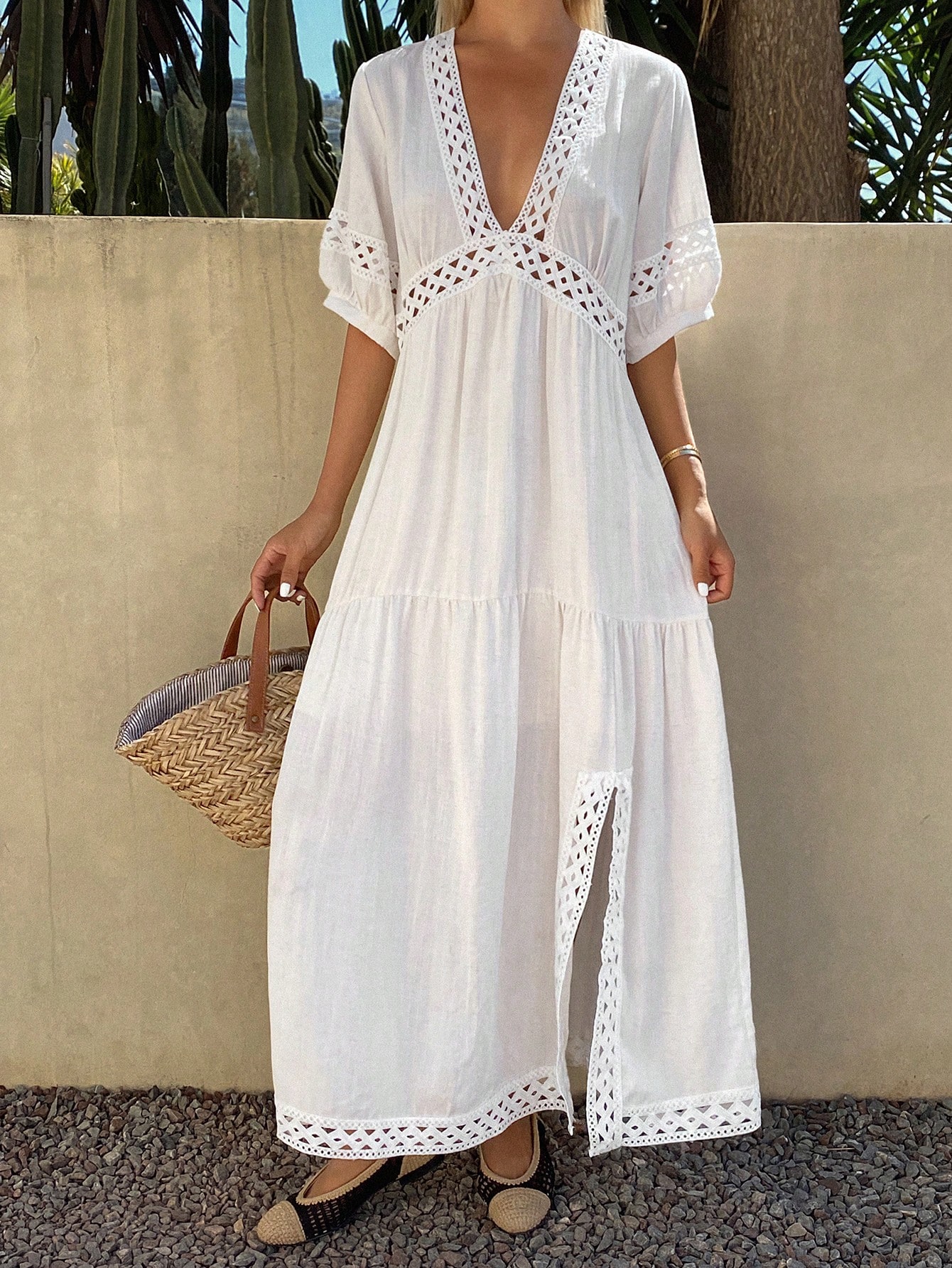 White Short Sleeve A-Line Maxi Dress with Crochet Detail