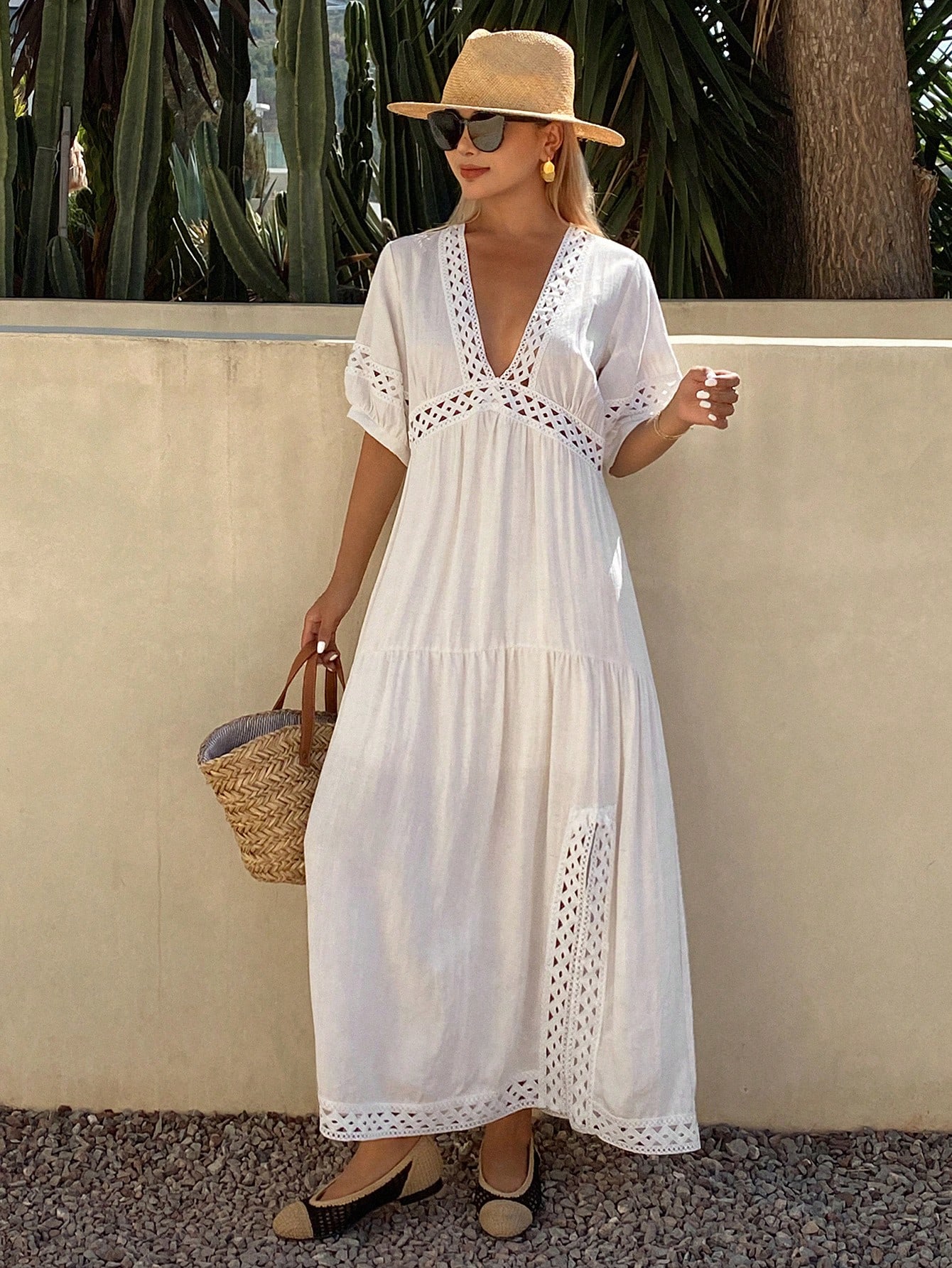 White Short Sleeve A-Line Maxi Dress with Crochet Detail