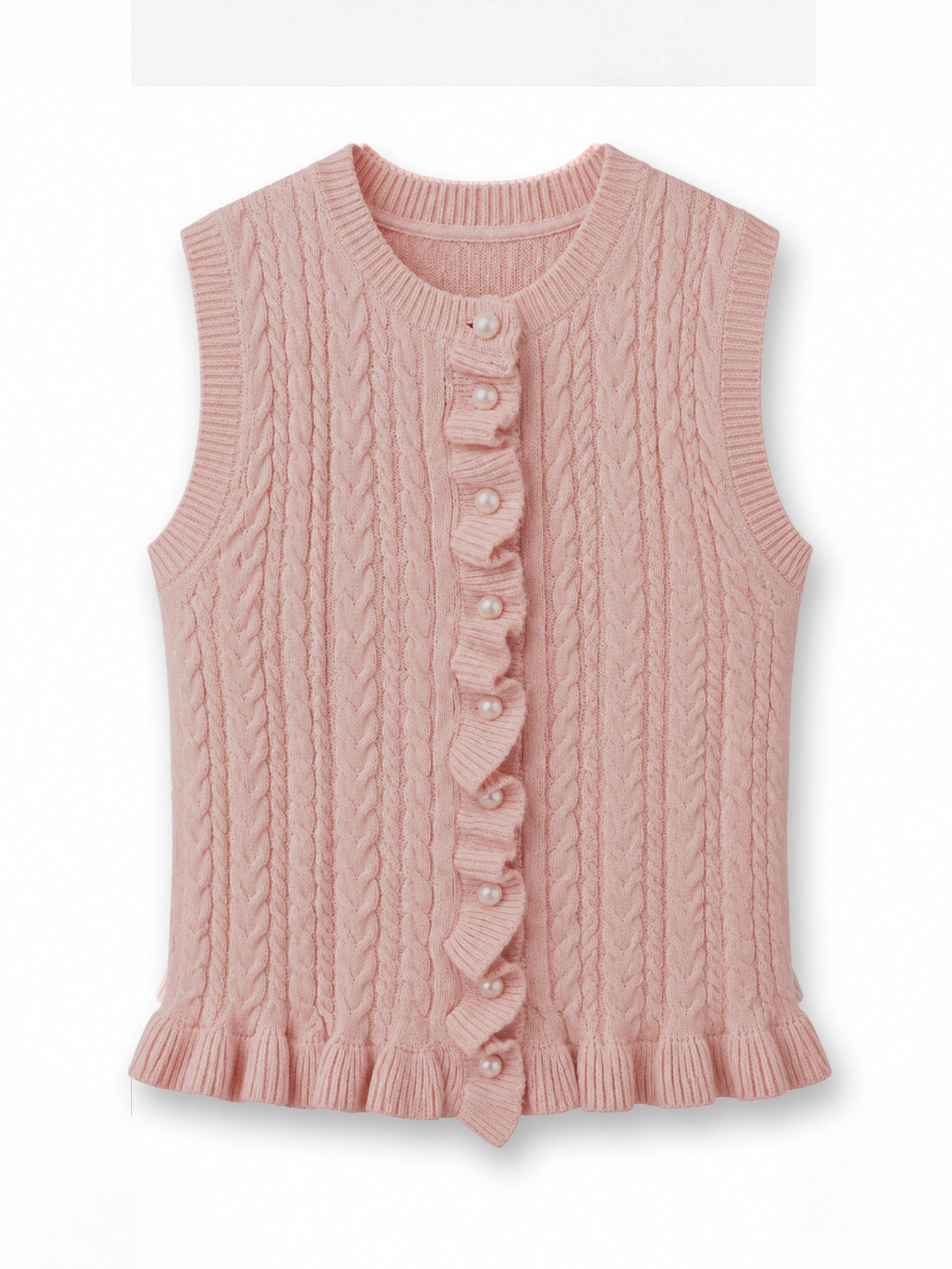 Pink Sleeveless Cable Knit Cardigan Top with Pearl Buttons