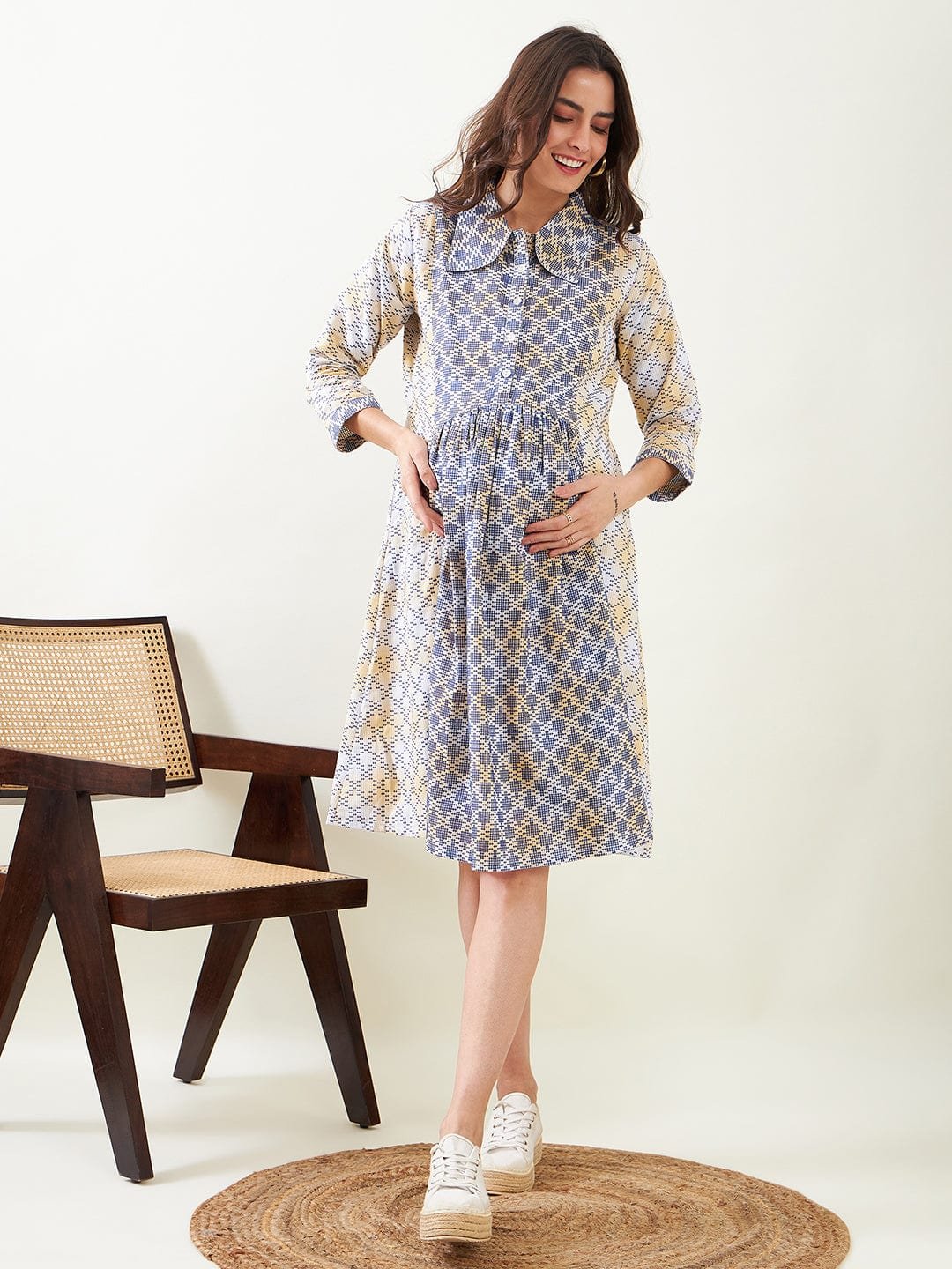 Multi-Color Graphic Print Maternity Midi Skater Dress