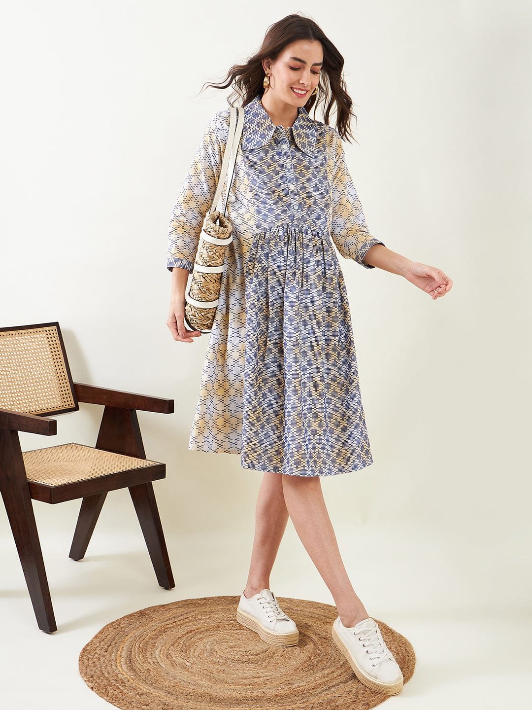 Multi-Color Graphic Print Maternity Midi Skater Dress