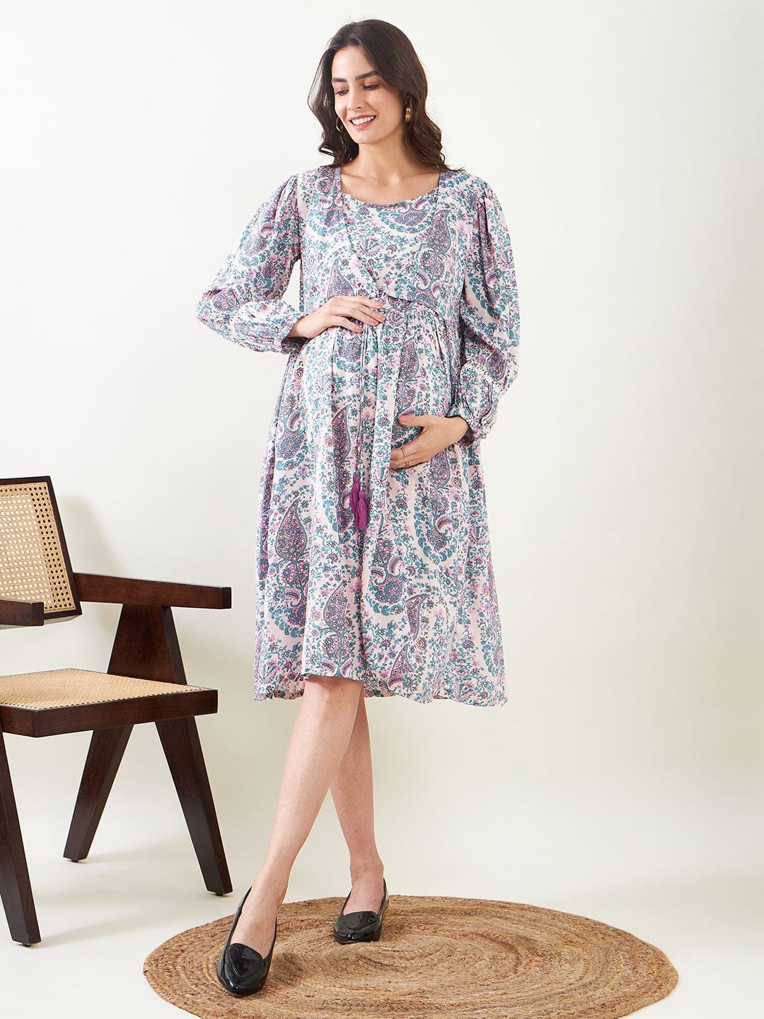 Multi-Color Paisley Print Viscose Maternity & Feeding Dress