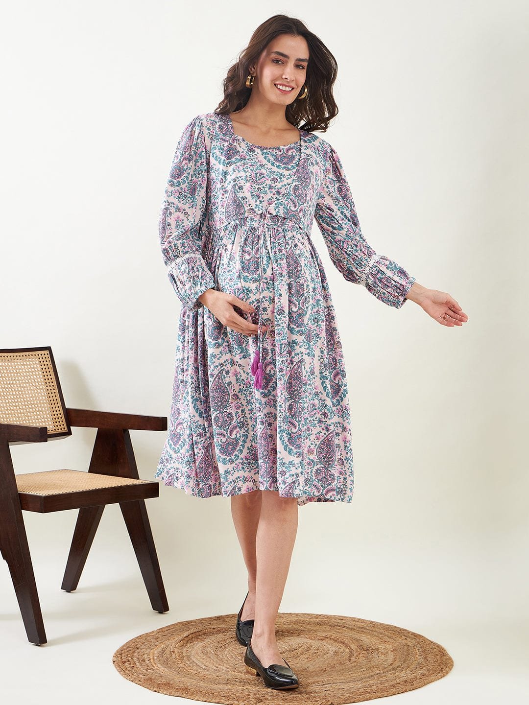 Multi-Color Paisley Print Viscose Maternity & Feeding Dress