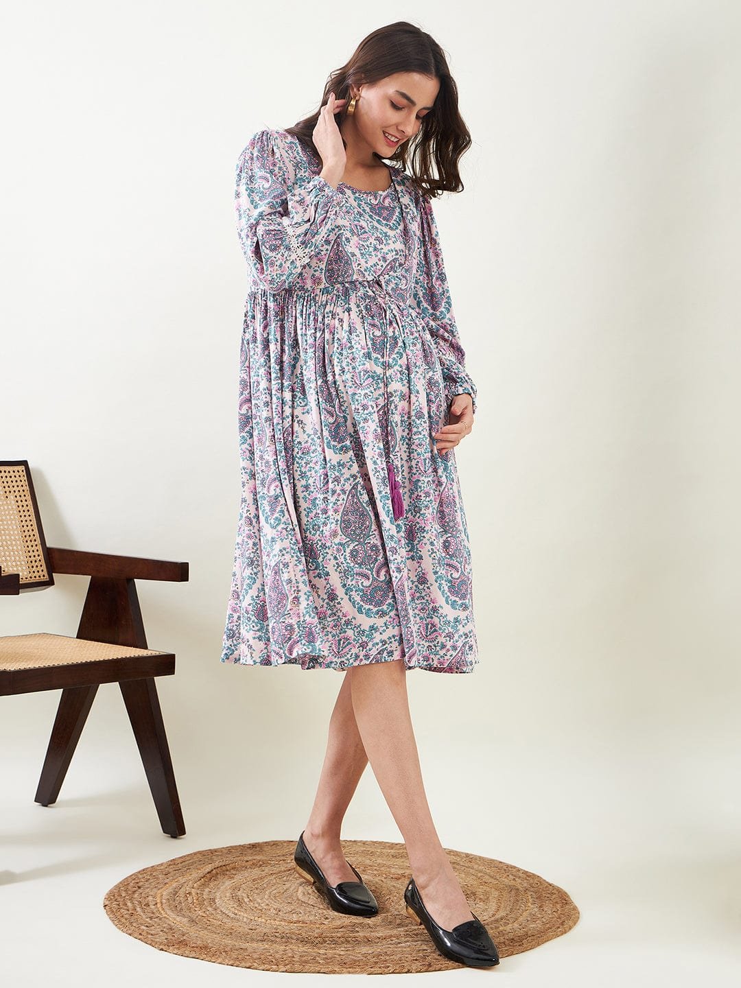 Multi-Color Paisley Print Viscose Maternity & Feeding Dress