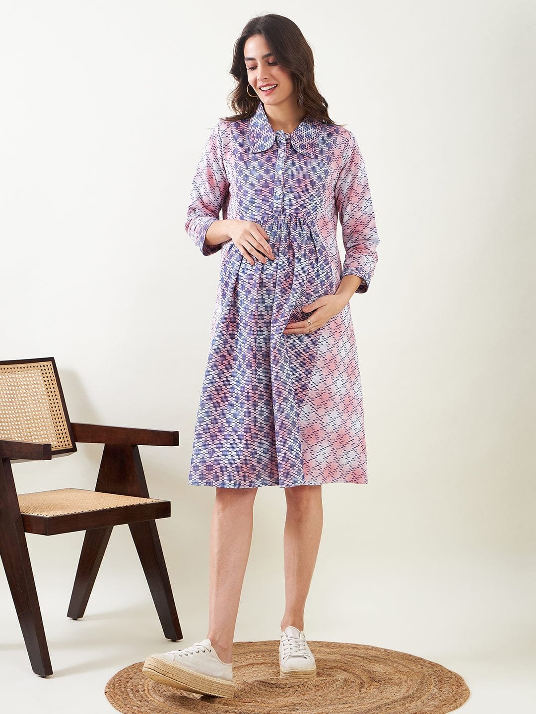 Multi-Color Graphic Print Maternity Midi Skater Dress