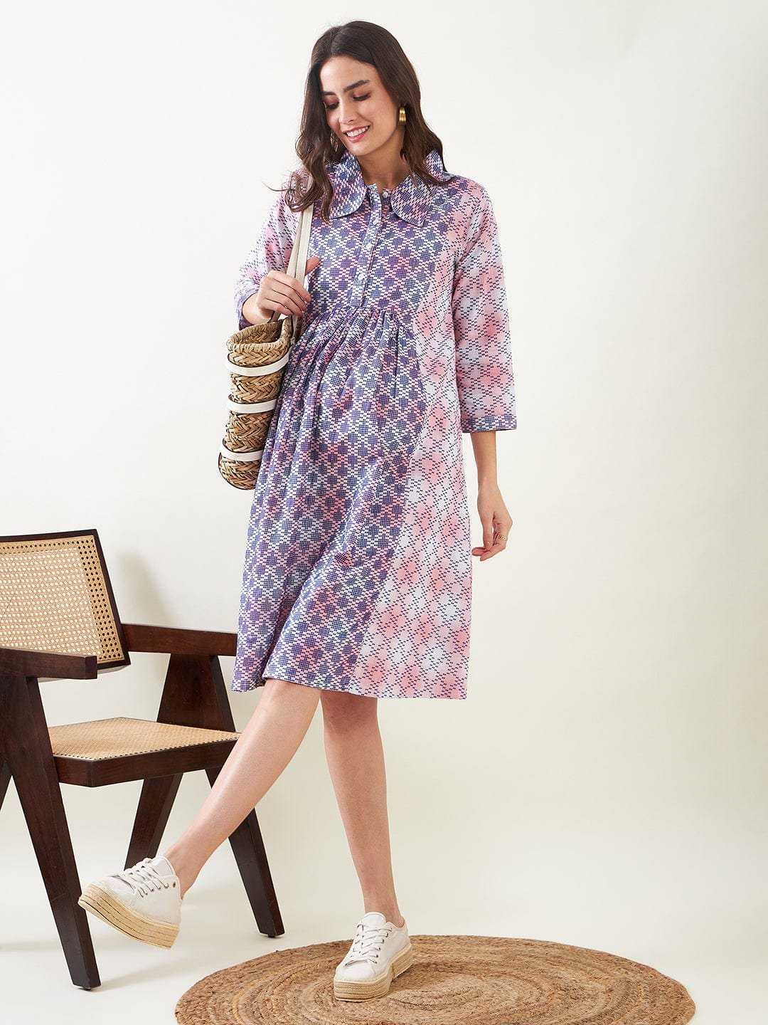 Multi-Color Graphic Print Maternity Midi Skater Dress