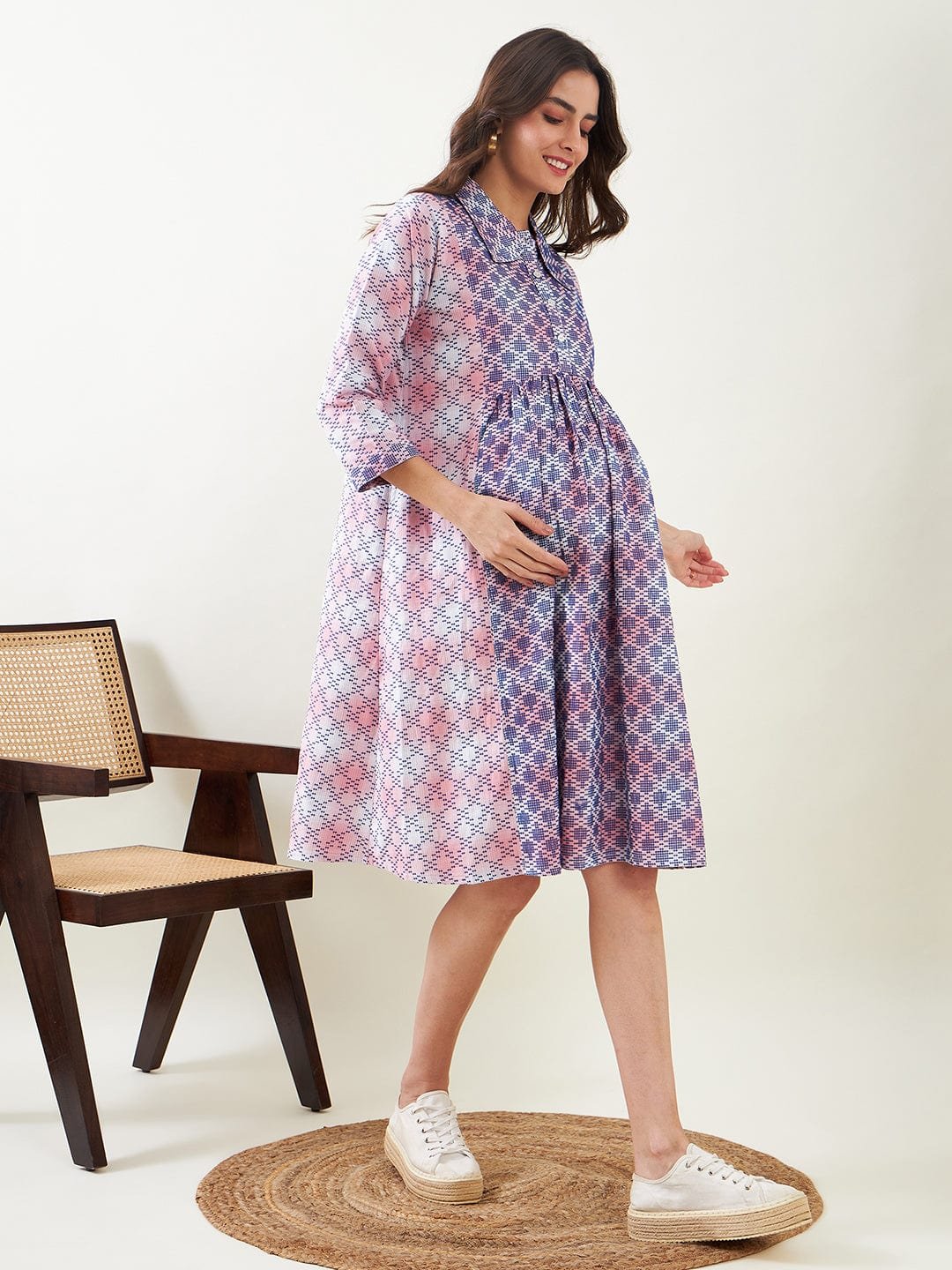 Multi-Color Graphic Print Maternity Midi Skater Dress