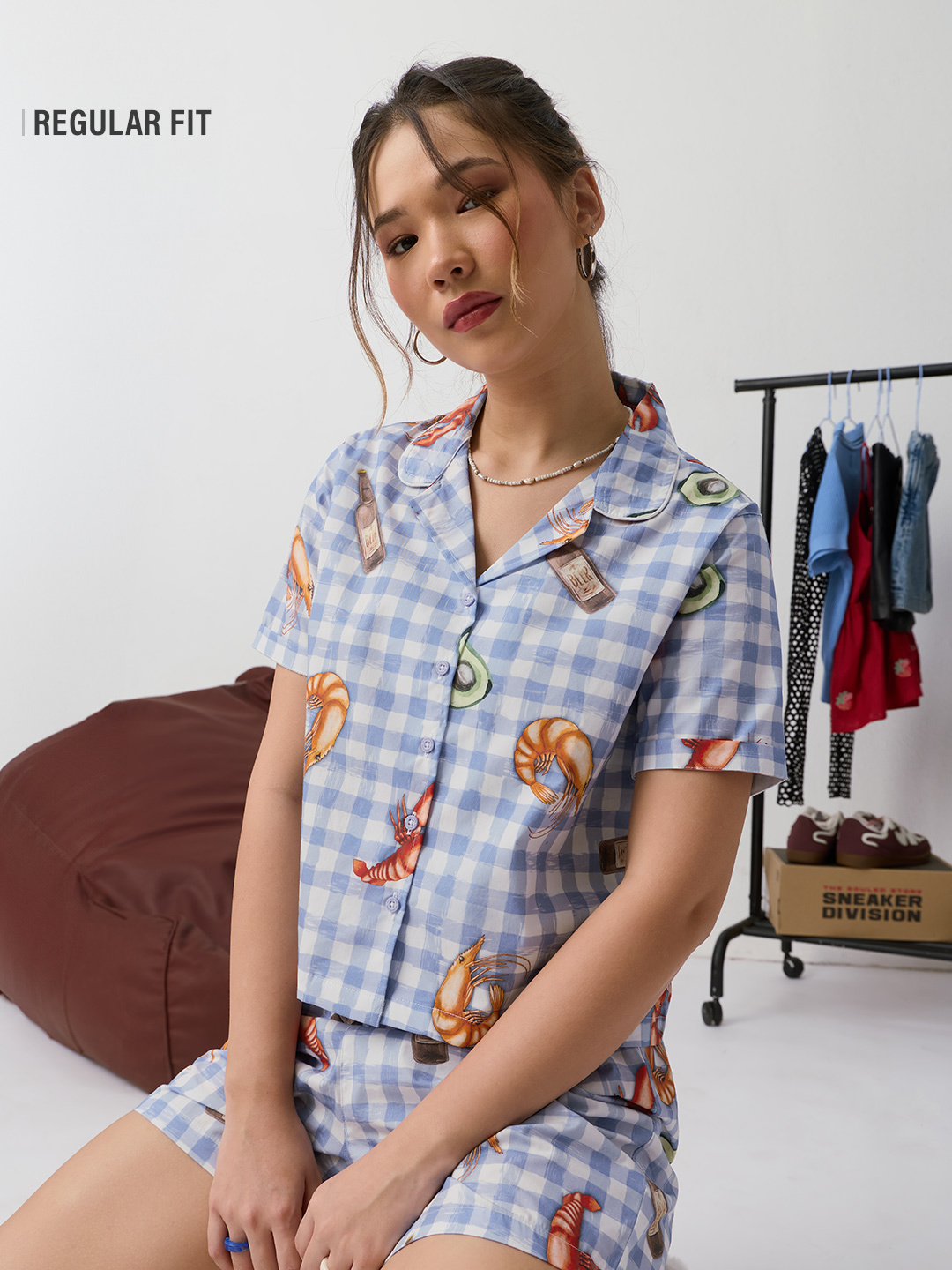 Blue Gingham Shrimp Print Short Sleeve Shirt