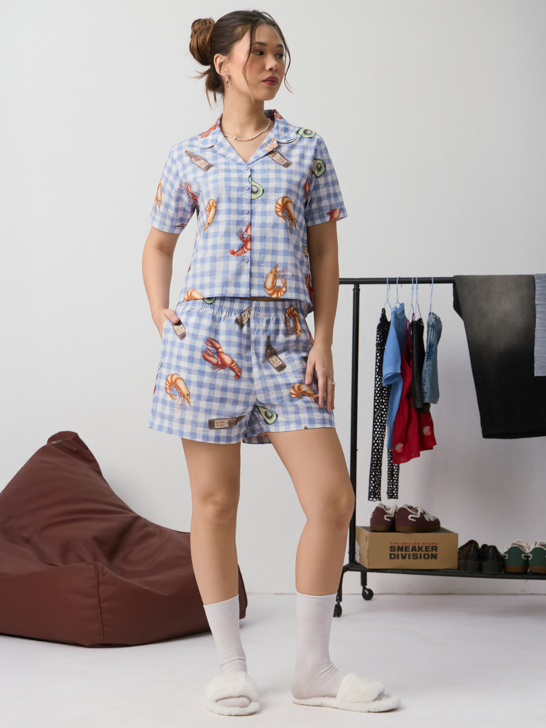 Blue Gingham Shrimp Print Short Sleeve Shirt