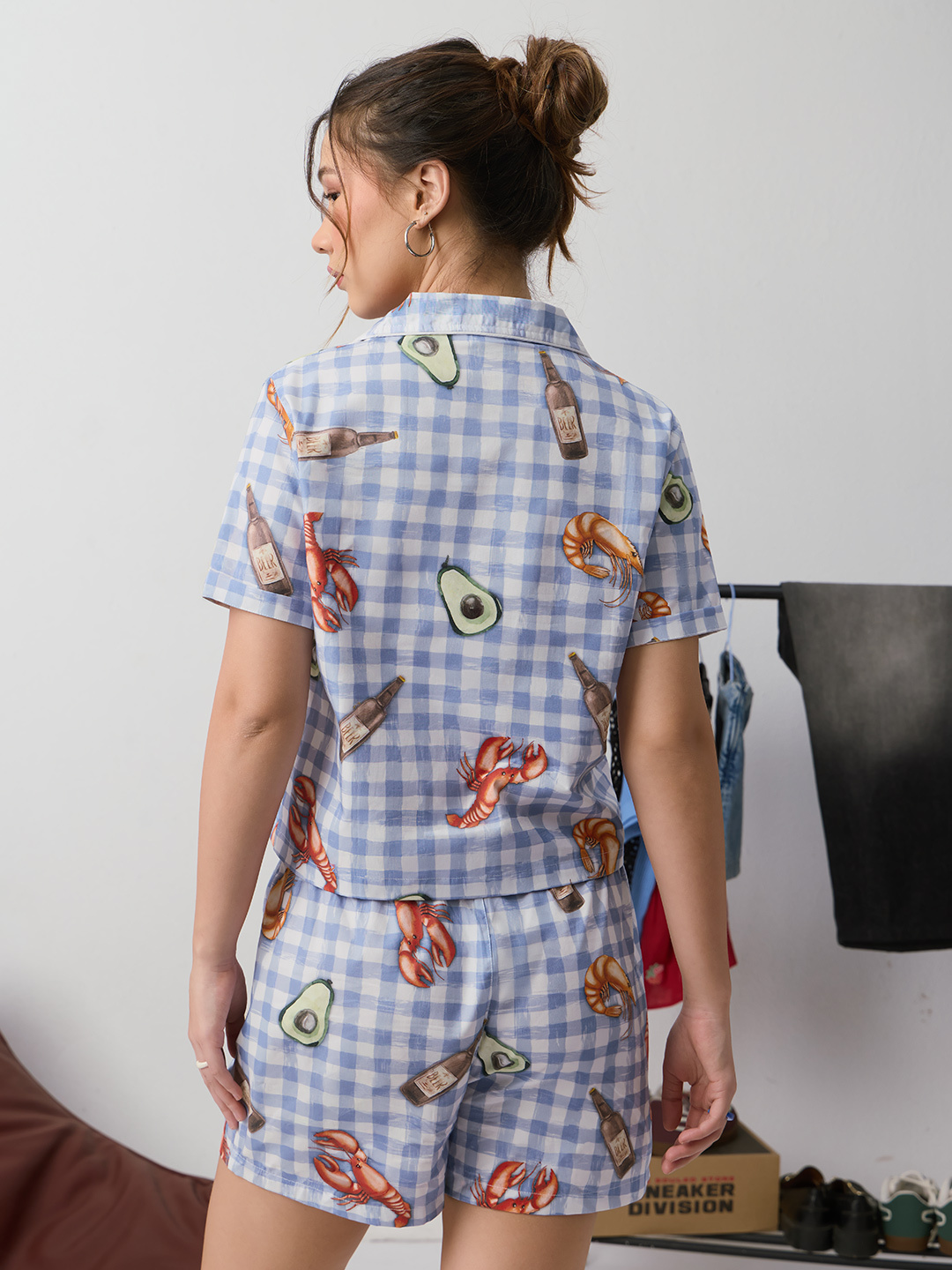 Blue Gingham Shrimp Print Short Sleeve Shirt