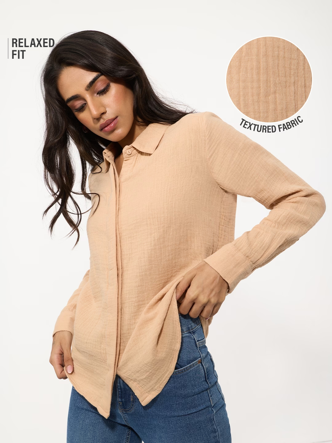 Womens Beige Relaxed Fit Long Sleeve Textured Shirt