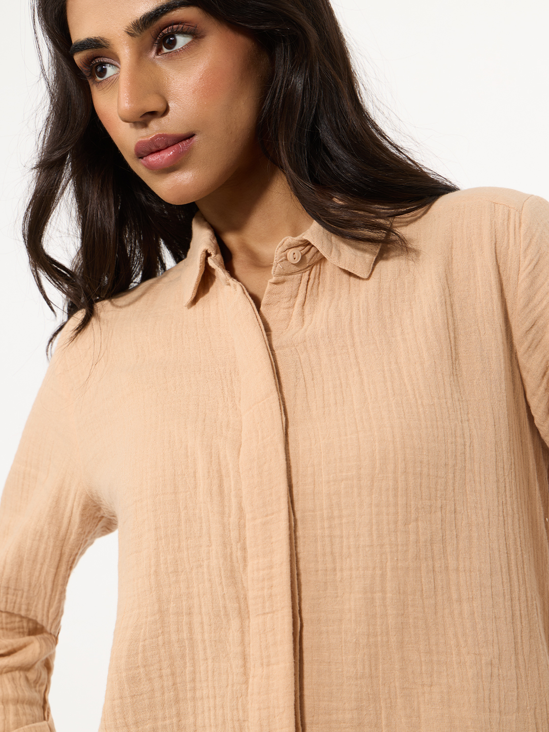 Womens Beige Relaxed Fit Long Sleeve Textured Shirt