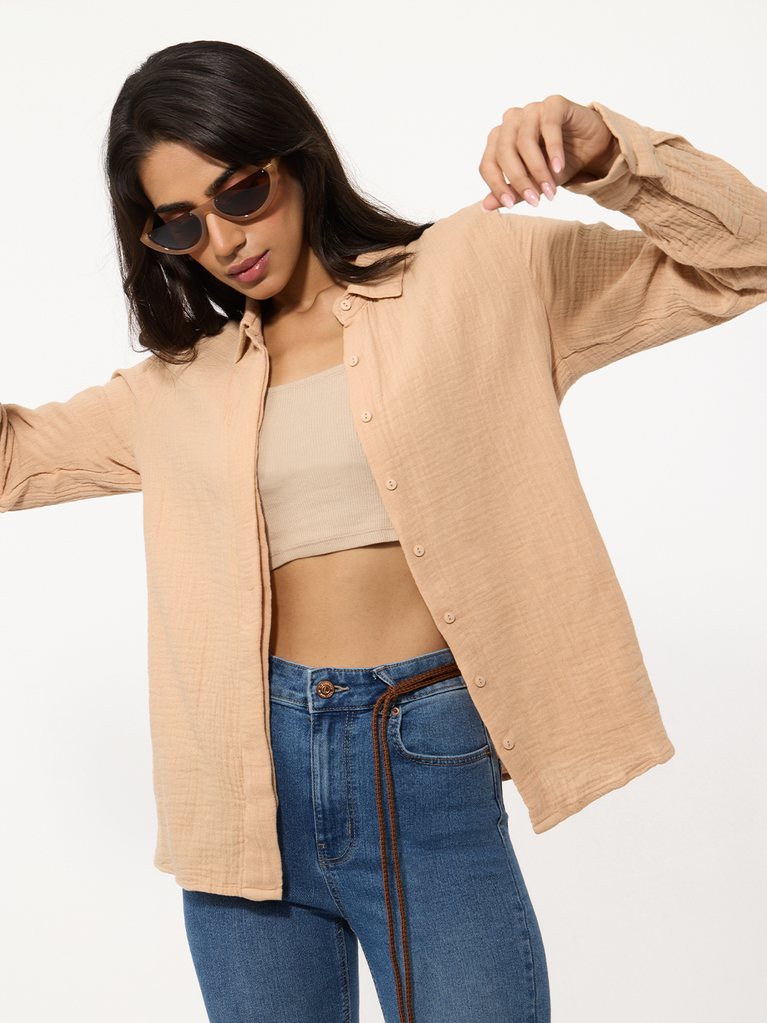 Womens Beige Relaxed Fit Long Sleeve Textured Shirt
