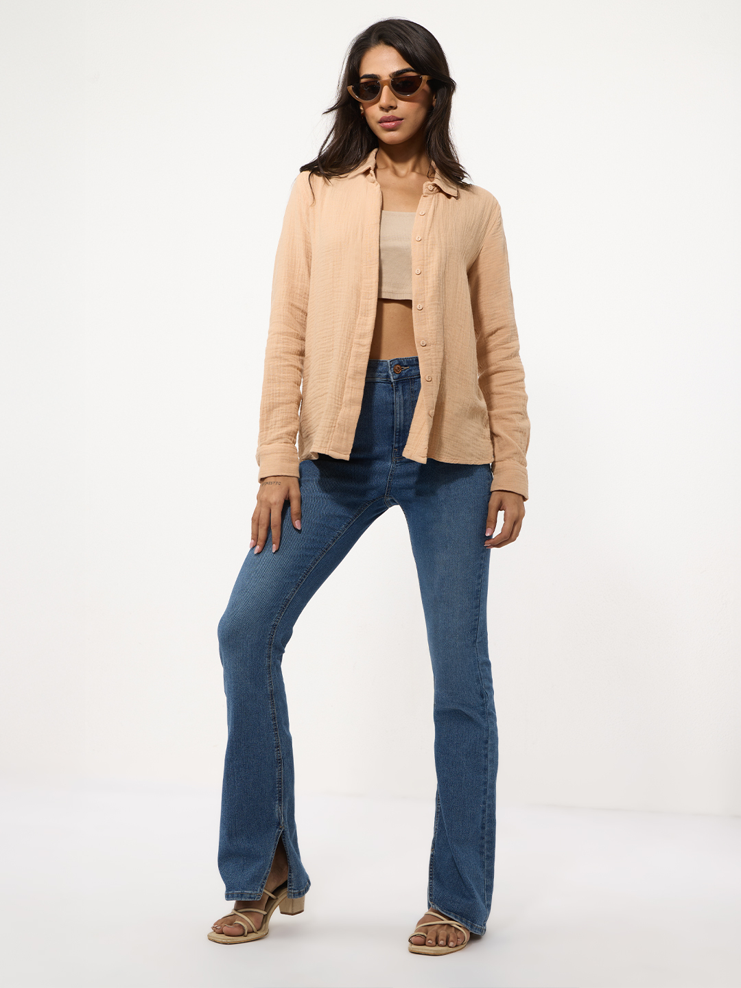Womens Beige Relaxed Fit Long Sleeve Textured Shirt