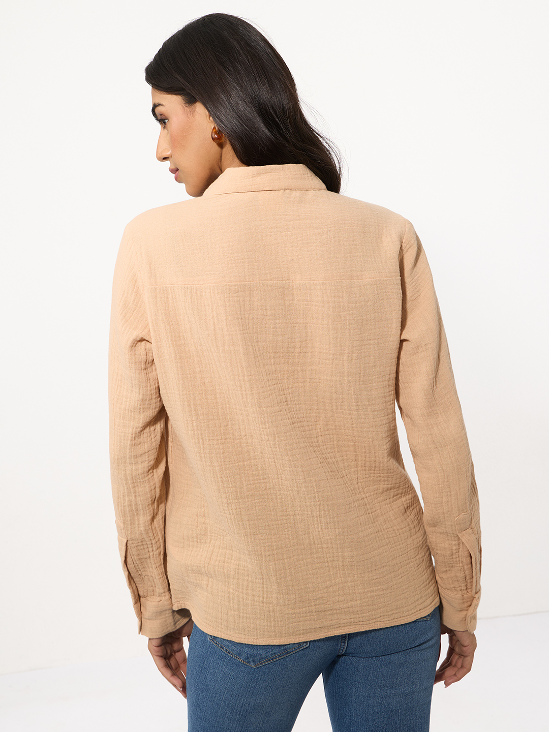 Womens Beige Relaxed Fit Long Sleeve Textured Shirt